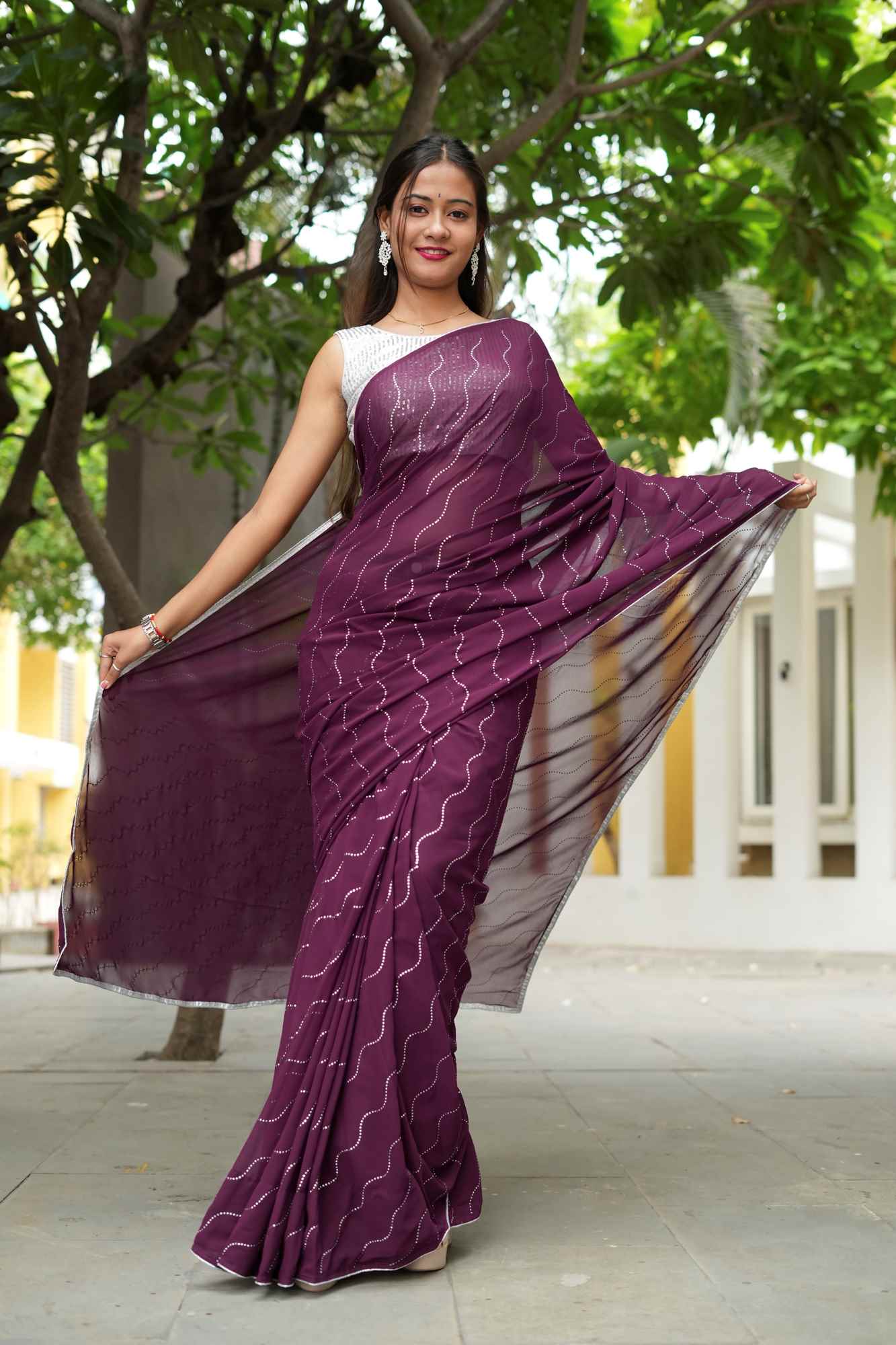 Soft Georgette Purple with Elegant Wave Embellishments Ready To Wear Saree