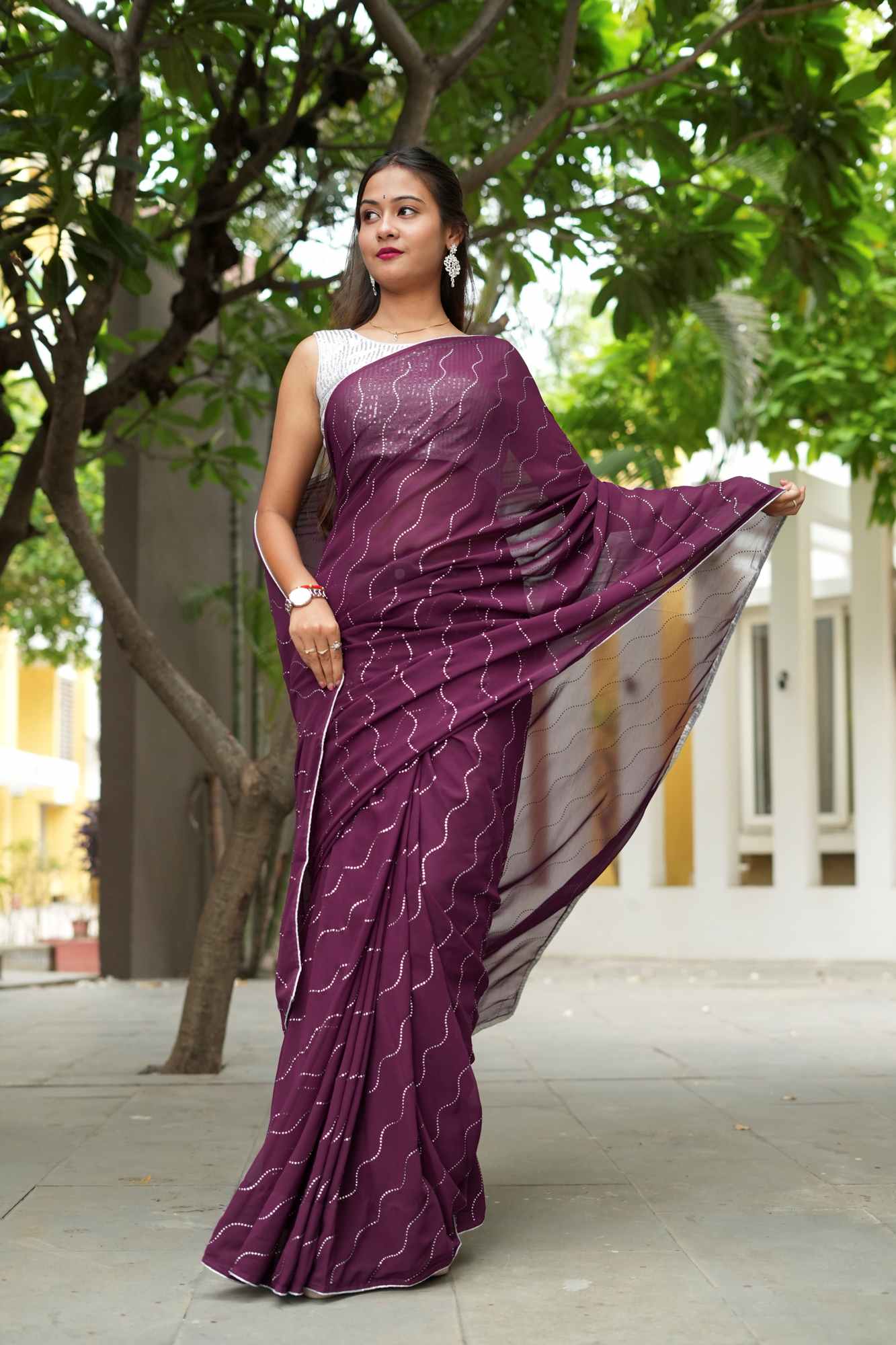 Soft Georgette Purple with Elegant Wave Embellishments Ready To Wear Saree