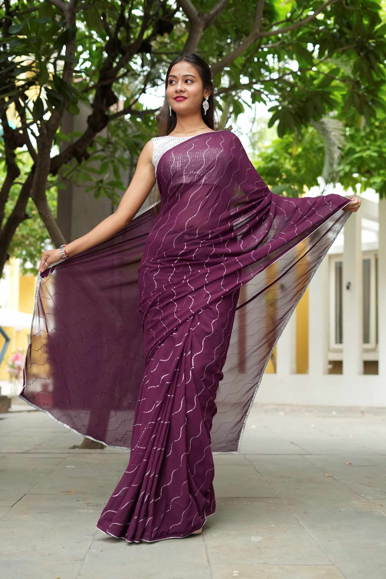 Soft Georgette Purple with Elegant Wave Embellishments Ready To Wear Saree