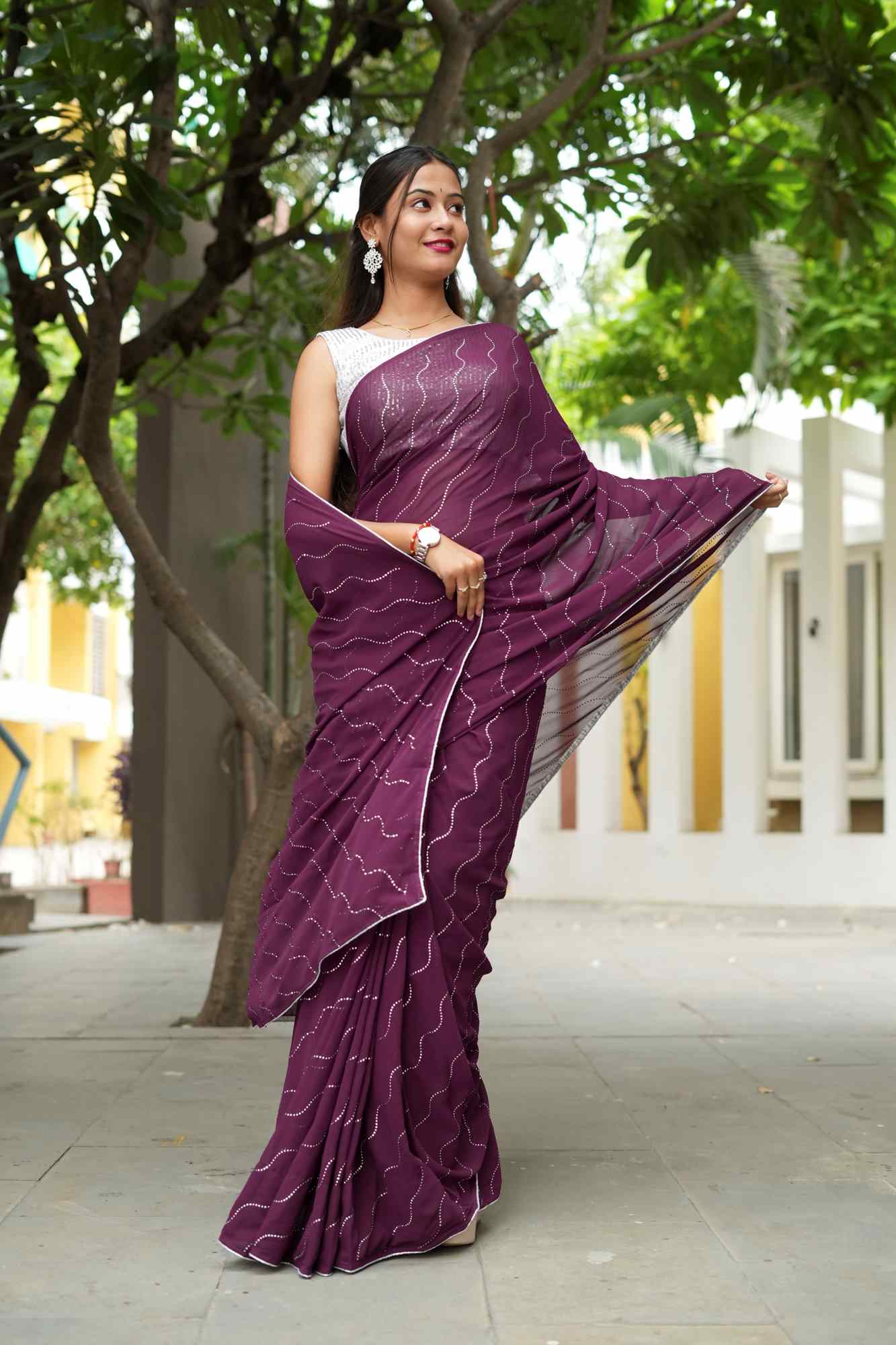 Soft Georgette Purple with Elegant Wave Embellishments Ready To Wear Saree