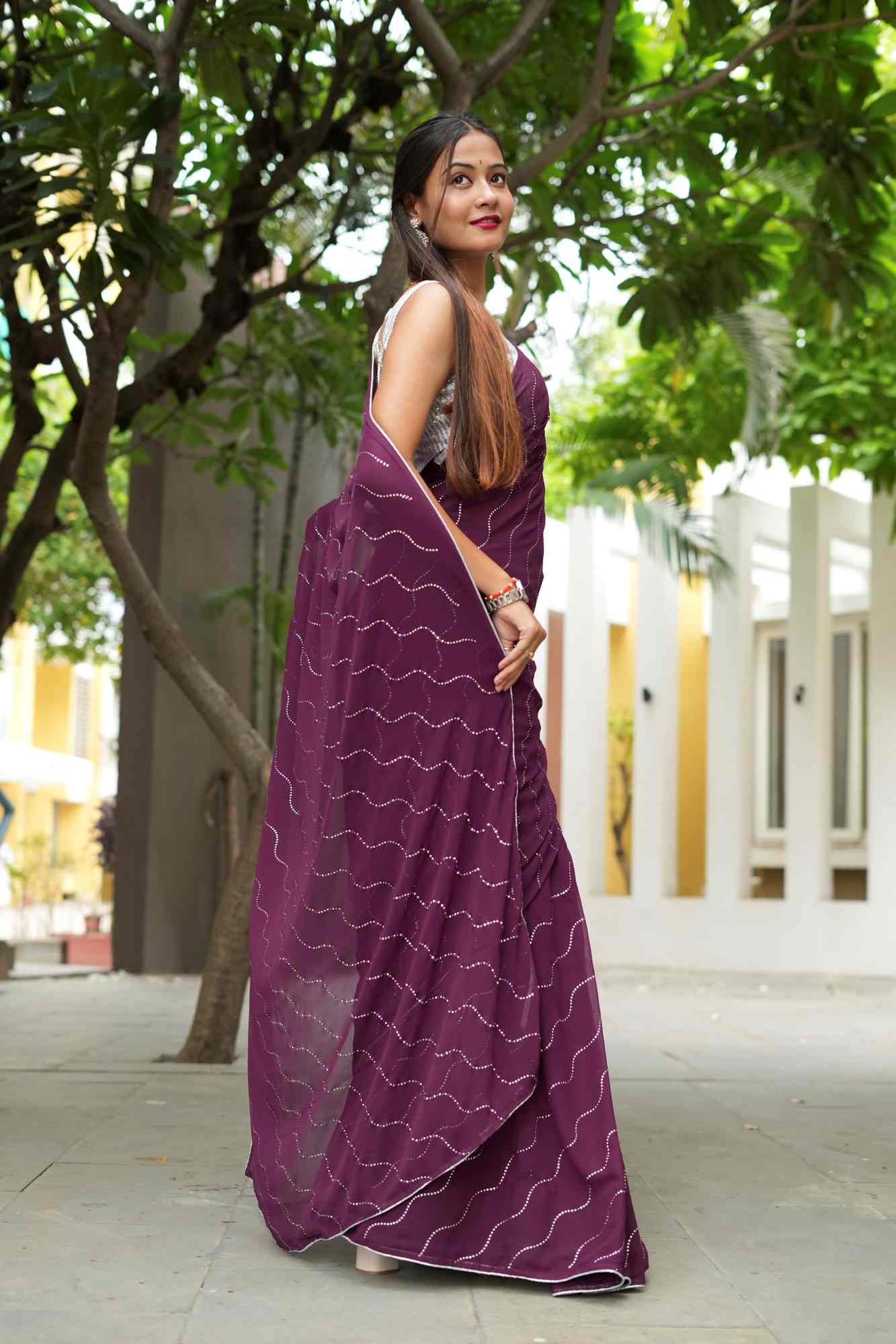Soft Georgette Purple with Elegant Wave Embellishments Ready To Wear Saree