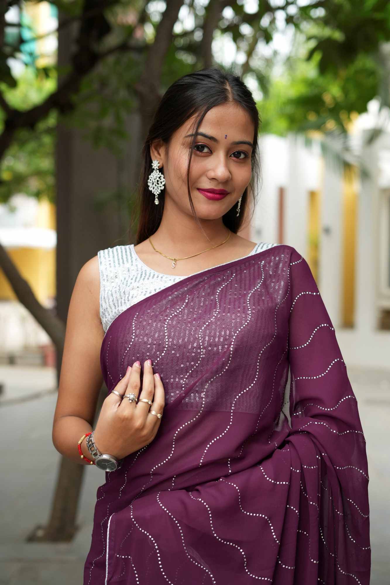 Soft Georgette Purple with Elegant Wave Embellishments Ready To Wear Saree