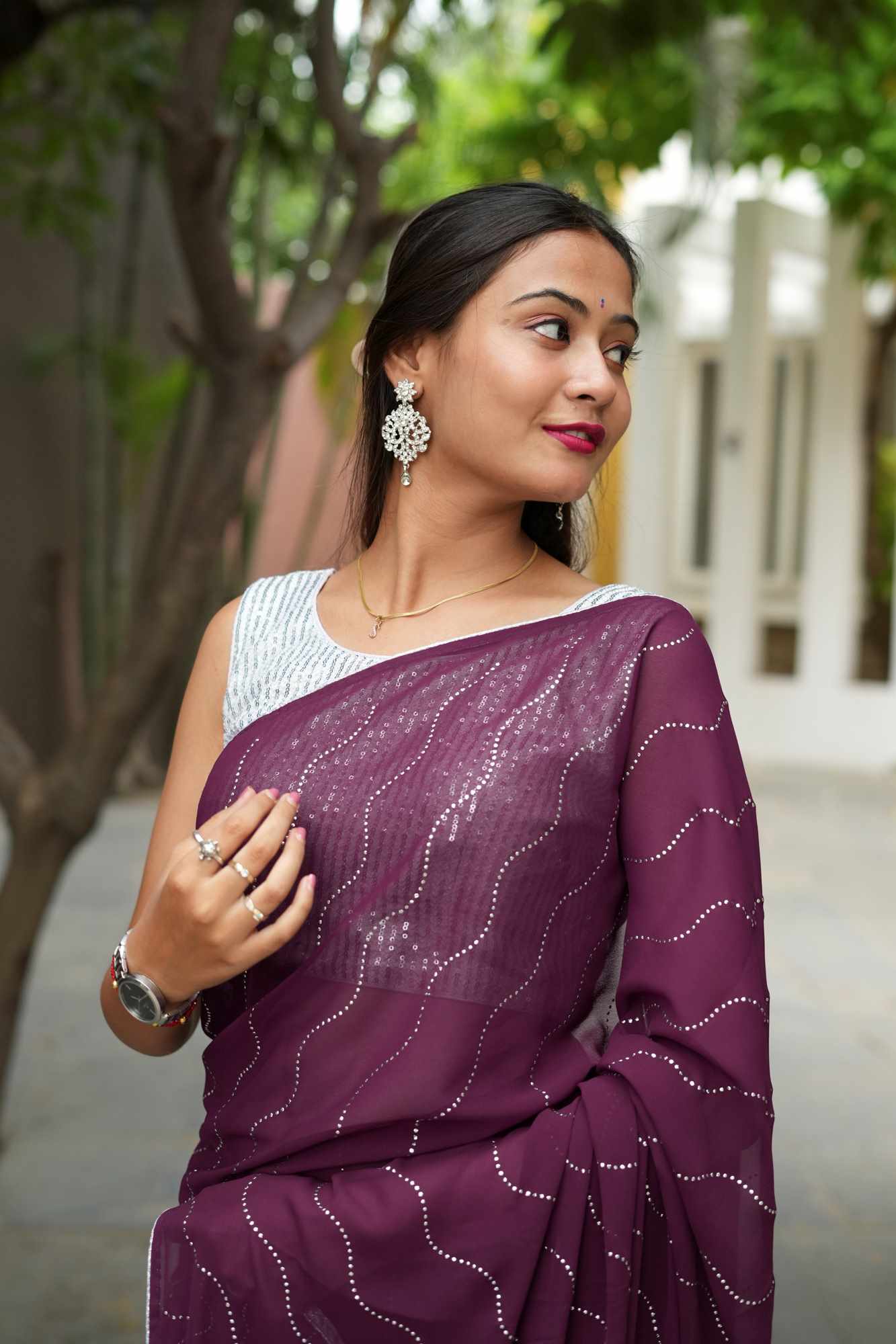 Soft Georgette Purple with Elegant Wave Embellishments Ready To Wear Saree