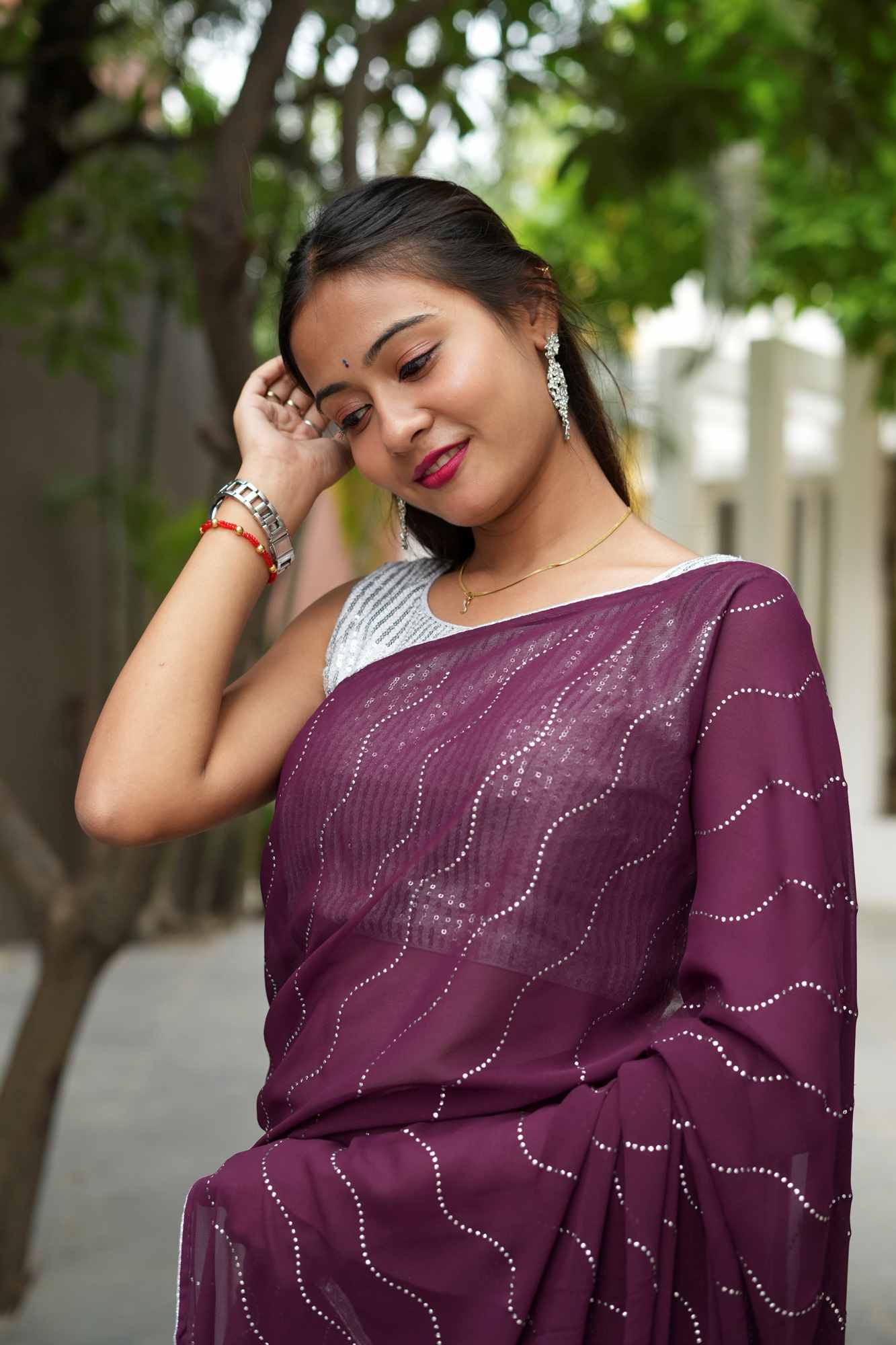 Soft Georgette Purple with Elegant Wave Embellishments Ready To Wear Saree