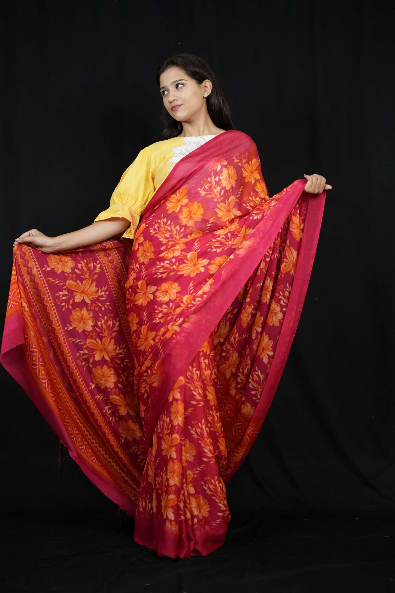 Vibrant Chiffon with Bold Floral Prints & Geometric Borders Ready To Wear Saree