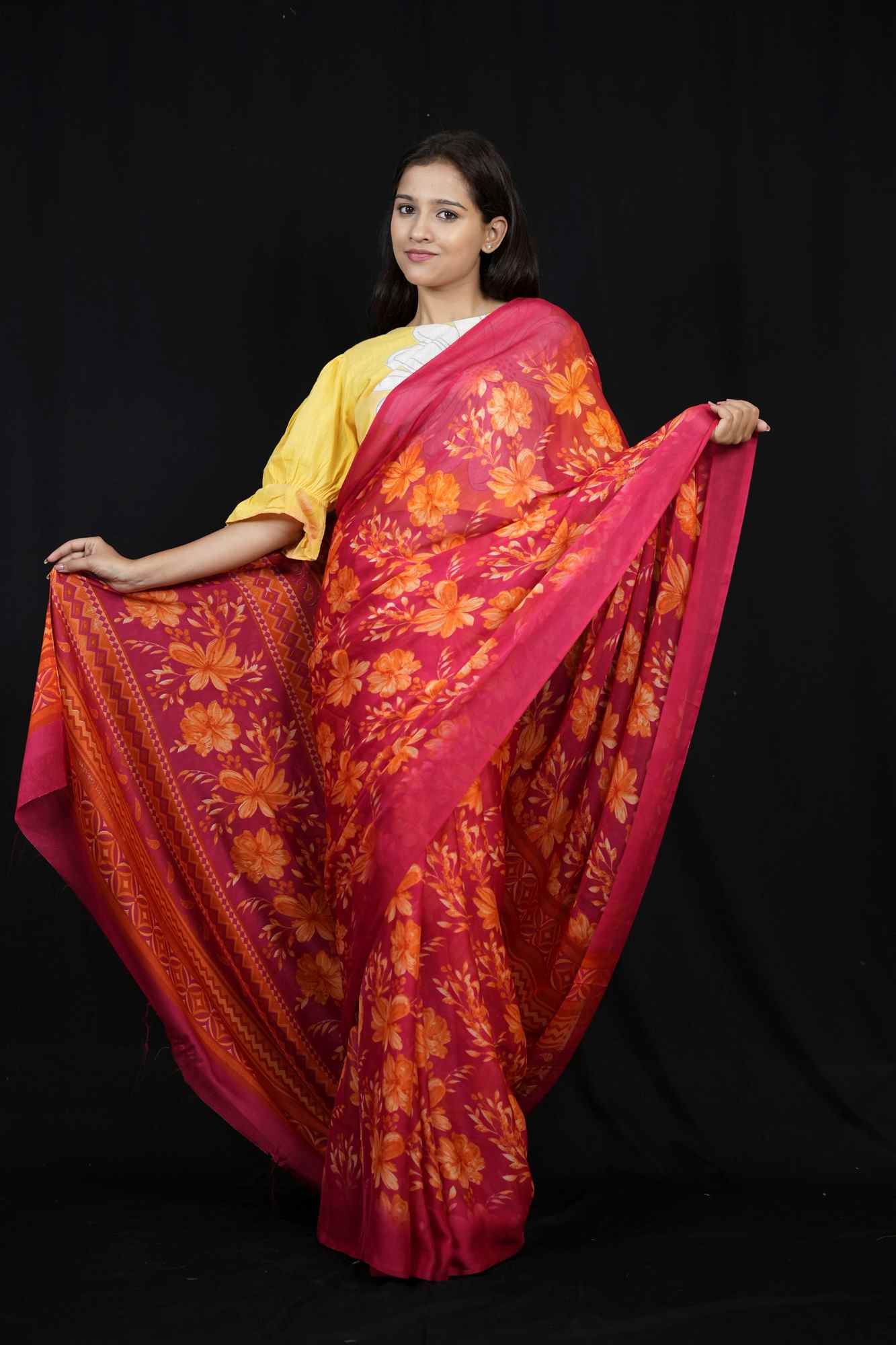 Vibrant Chiffon with Bold Floral Prints & Geometric Borders Ready To Wear Saree