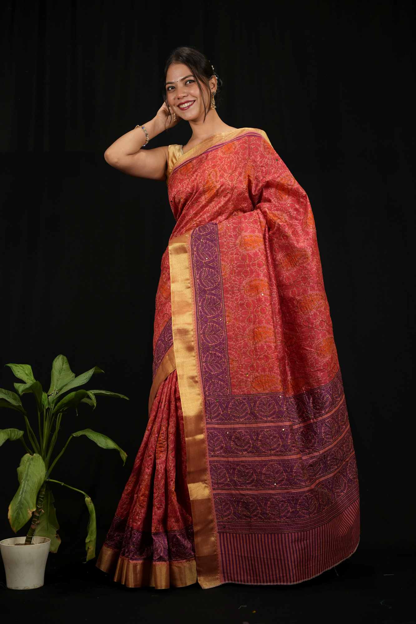 Banarasi Inspired Tussar Silk with Golden Zari Weave & Contrasting Pallu Ready To Wear Saree