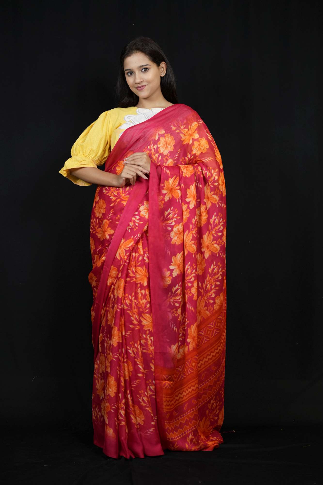 Vibrant Chiffon with Bold Floral Prints & Geometric Borders Ready To Wear Saree