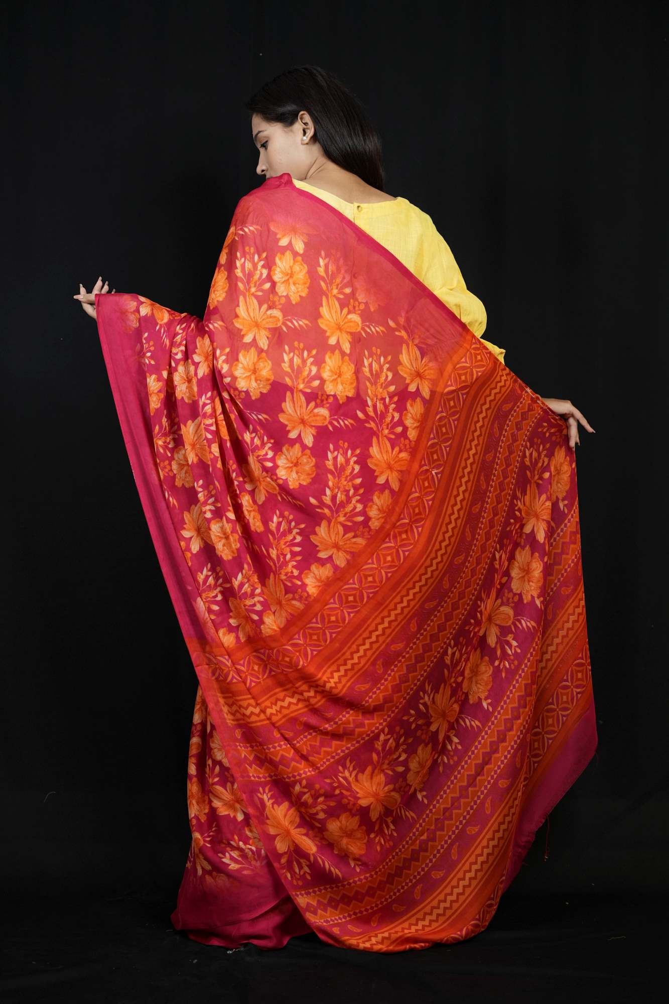 Vibrant Chiffon with Bold Floral Prints & Geometric Borders Ready To Wear Saree