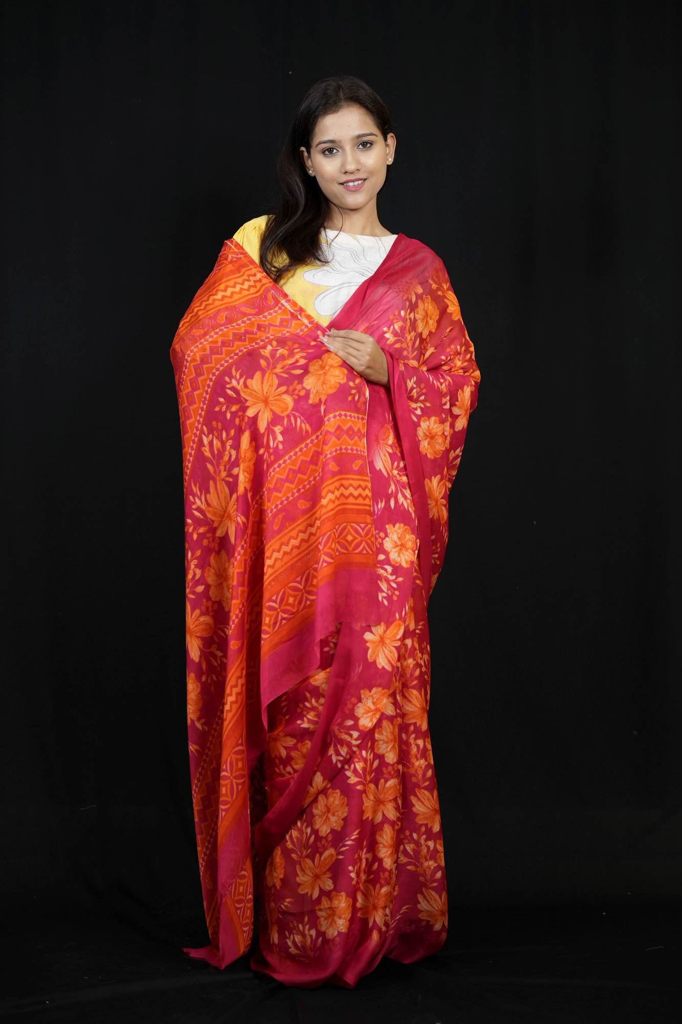 Vibrant Chiffon with Bold Floral Prints & Geometric Borders Ready To Wear Saree