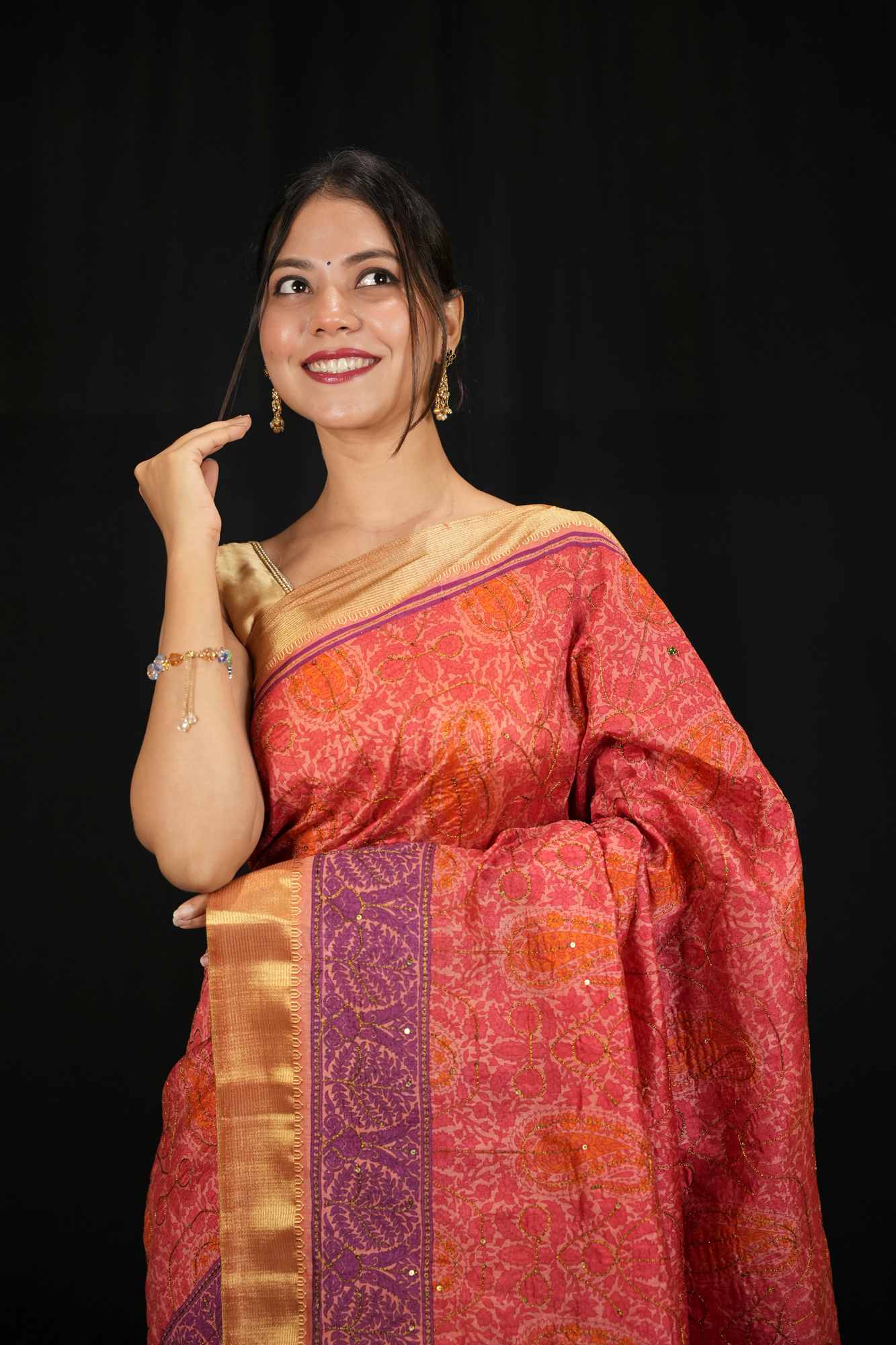 Banarasi Inspired Tussar Silk with Golden Zari Weave & Contrasting Pallu Ready To Wear Saree