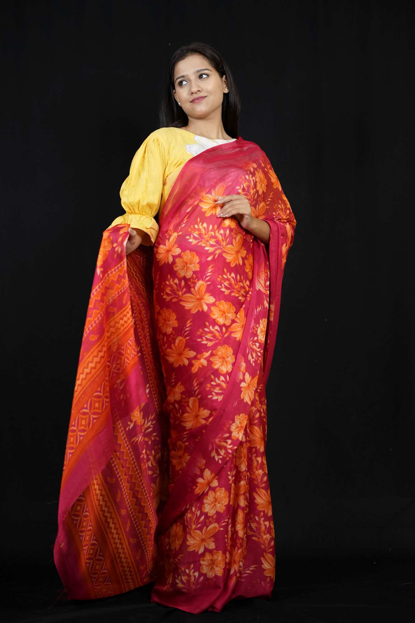 Vibrant Chiffon with Bold Floral Prints & Geometric Borders Ready To Wear Saree