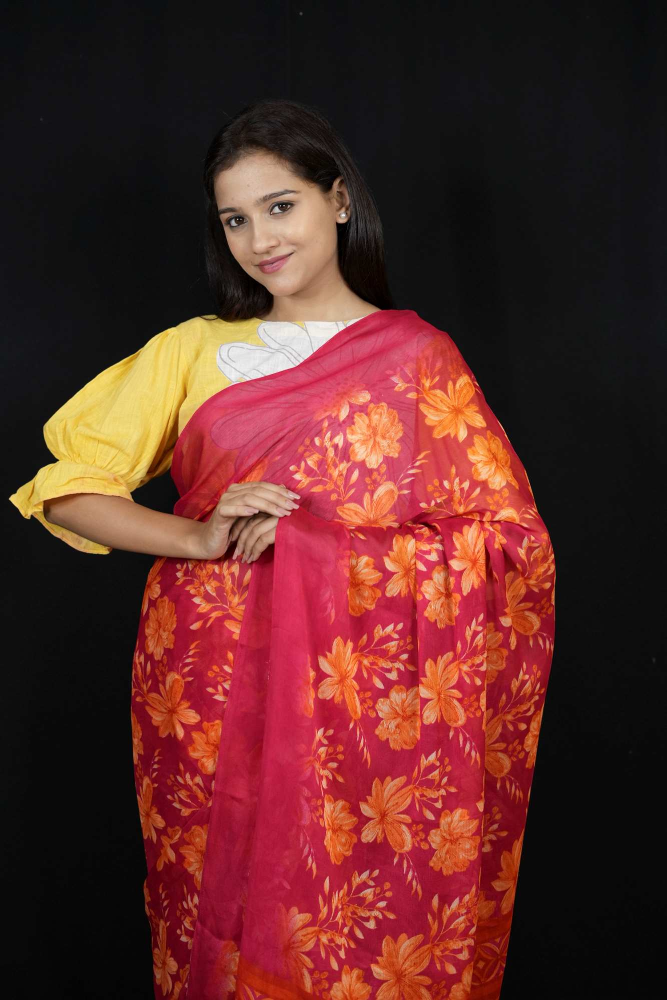 Vibrant Chiffon with Bold Floral Prints & Geometric Borders Ready To Wear Saree