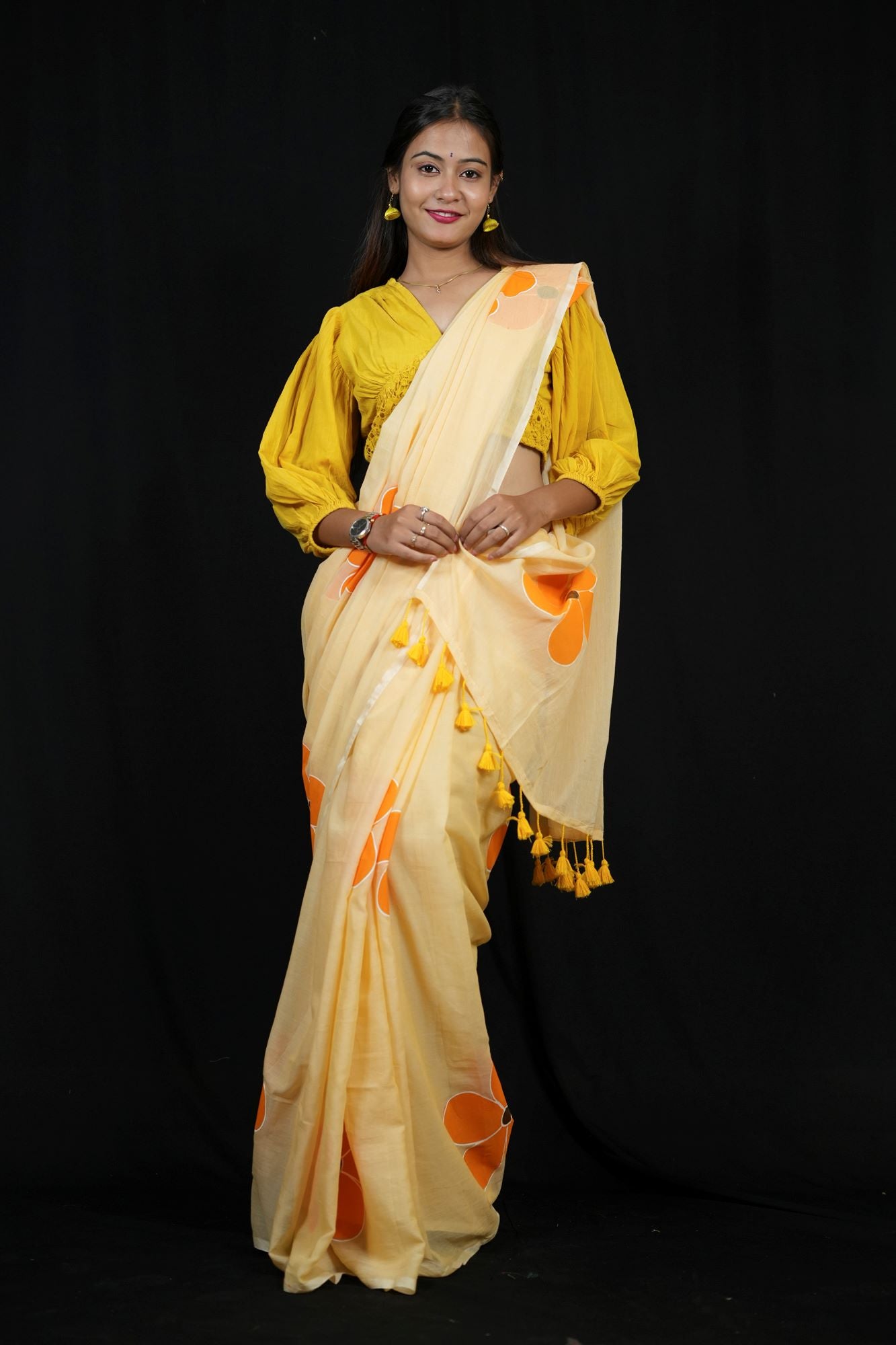 Handpainted Mulmul Cotton with Floral Prints Ready To Wear Saree