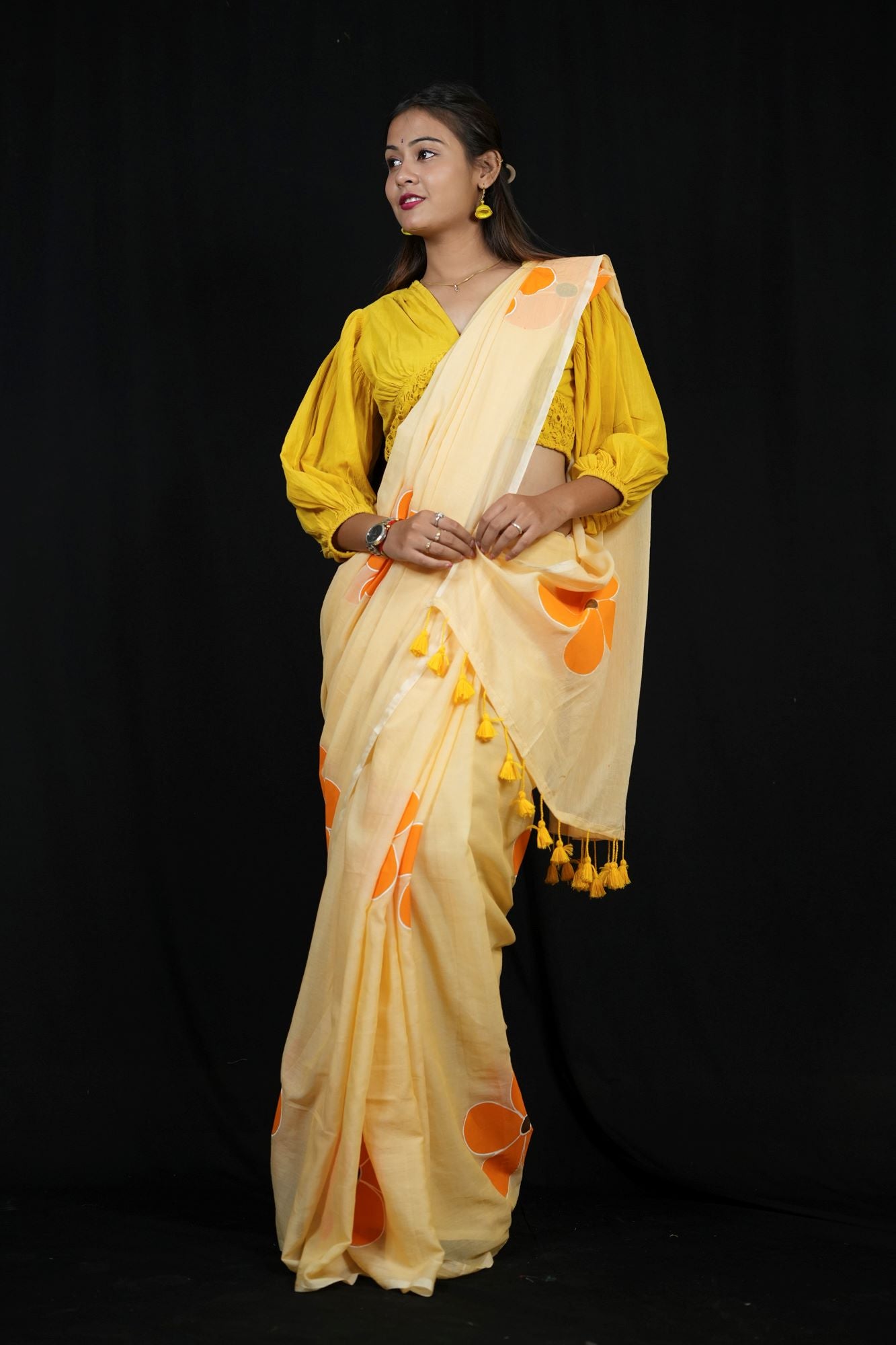 Handpainted Mulmul Cotton with Floral Prints Ready To Wear Saree