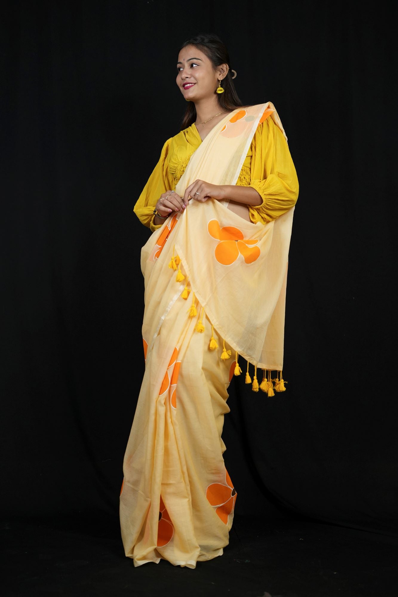 Handpainted Mulmul Cotton with Floral Prints Ready To Wear Saree