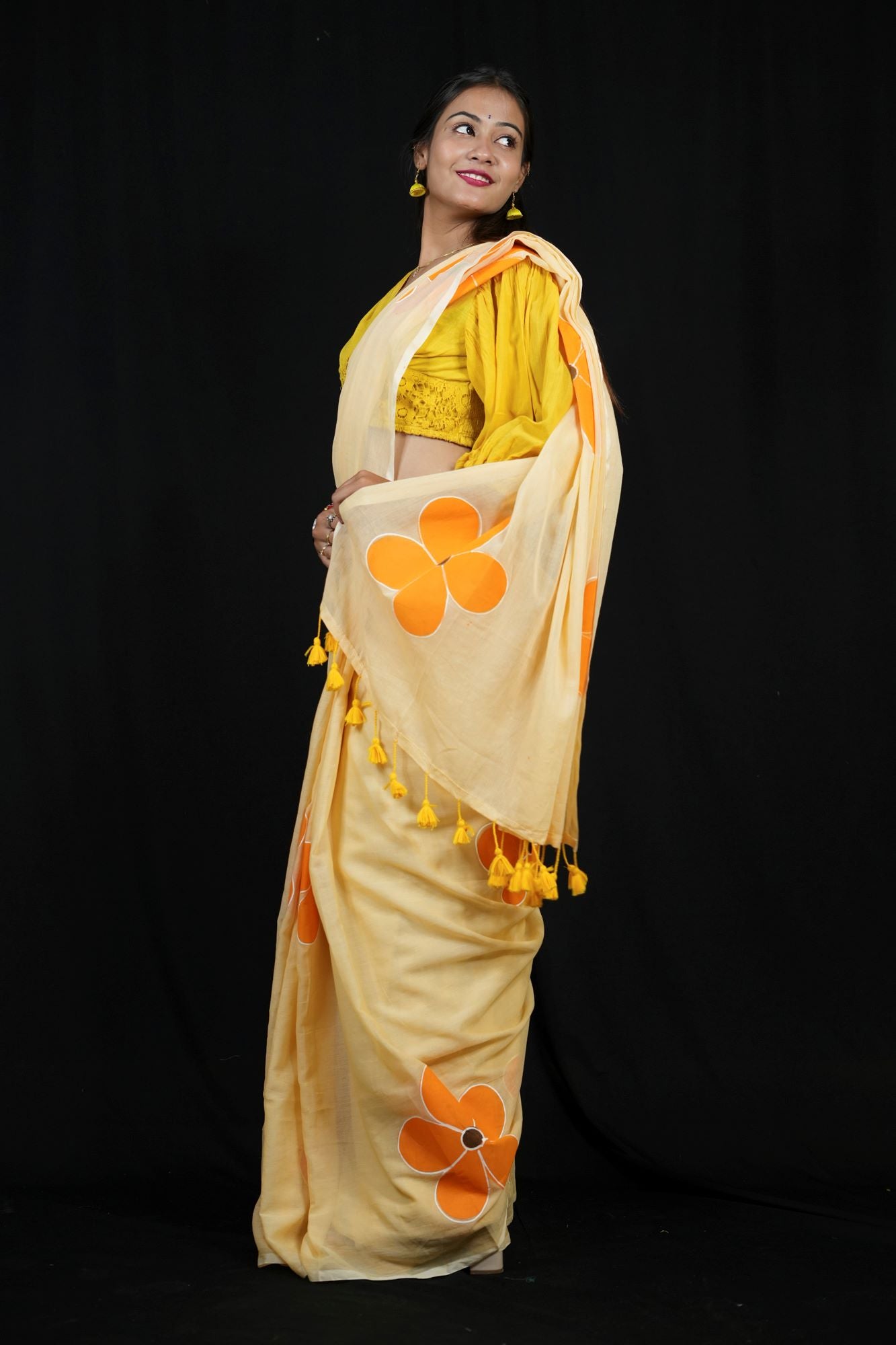 Handpainted Mulmul Cotton with Floral Prints Ready To Wear Saree