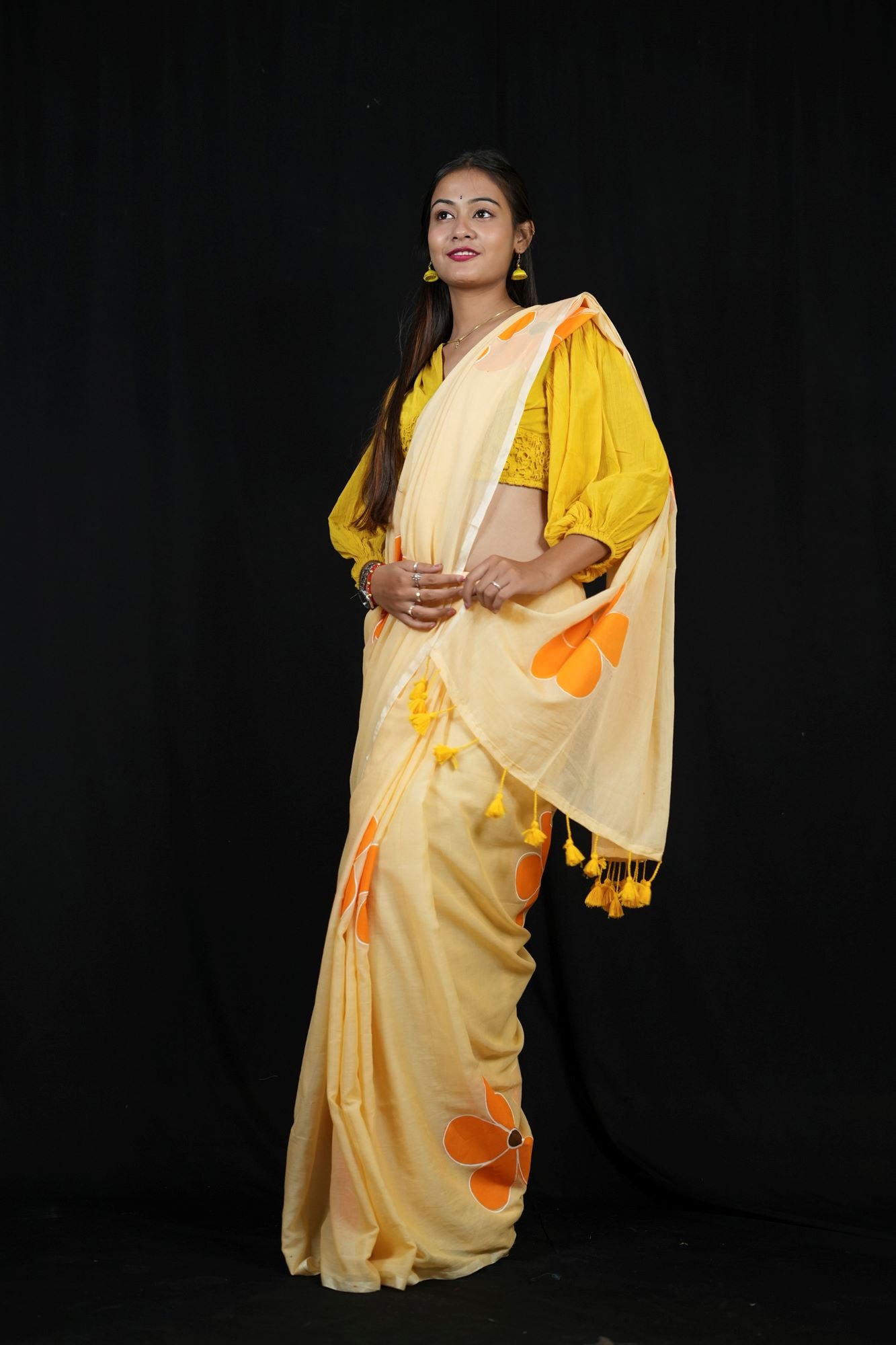 Handpainted Mulmul Cotton with Floral Prints Ready To Wear Saree