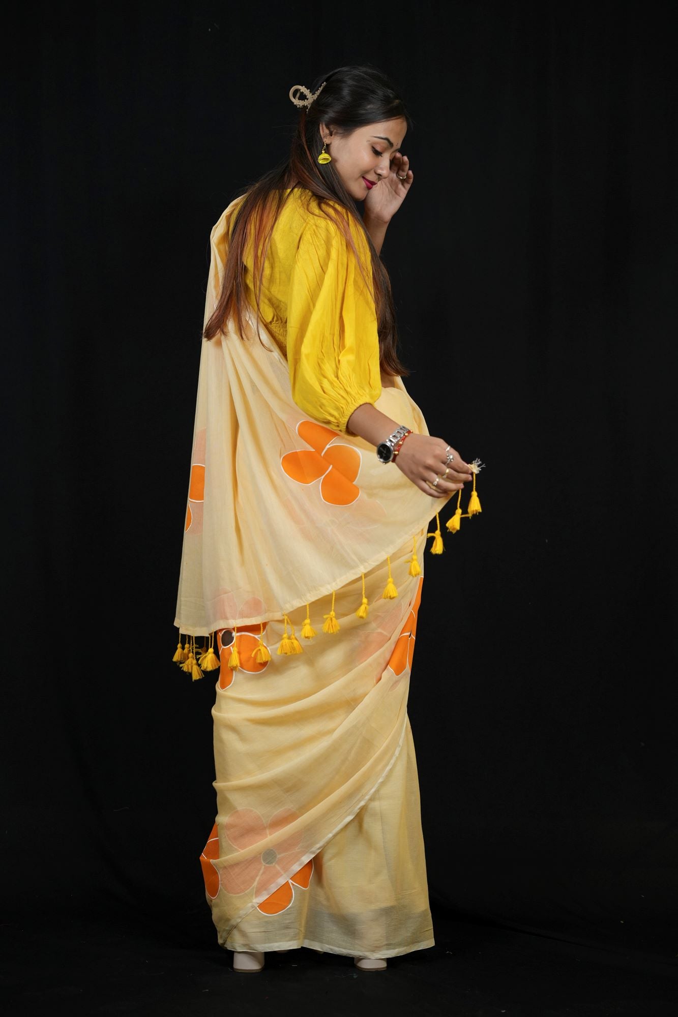 Handpainted Mulmul Cotton with Floral Prints Ready To Wear Saree