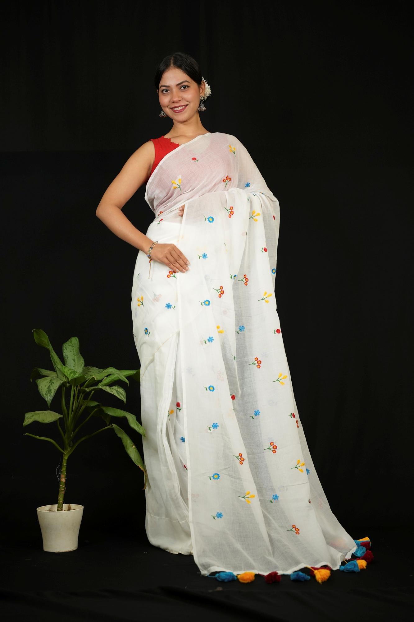 White Mulmul Cotton with Floral Embroidery & Tassels Ready To Wear Saree