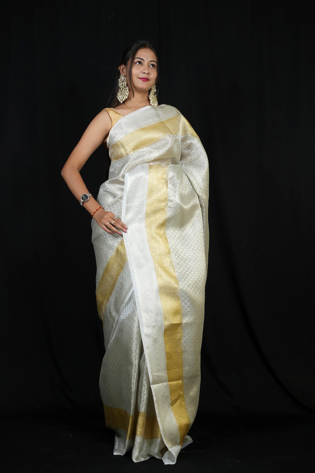 Silver Tissue Silk Banarasi Brocade Ready To Wear Saree