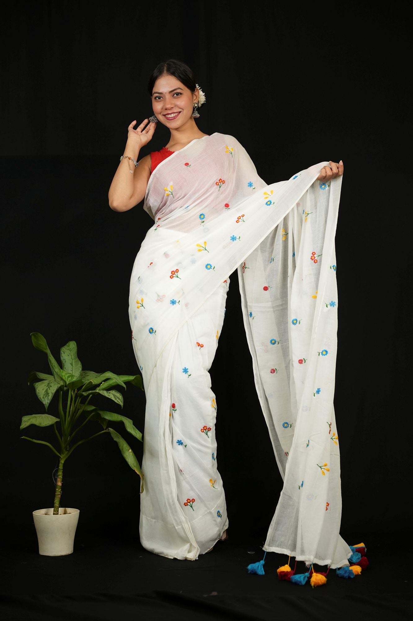 White Mulmul Cotton with Floral Embroidery & Tassels Ready To Wear Saree