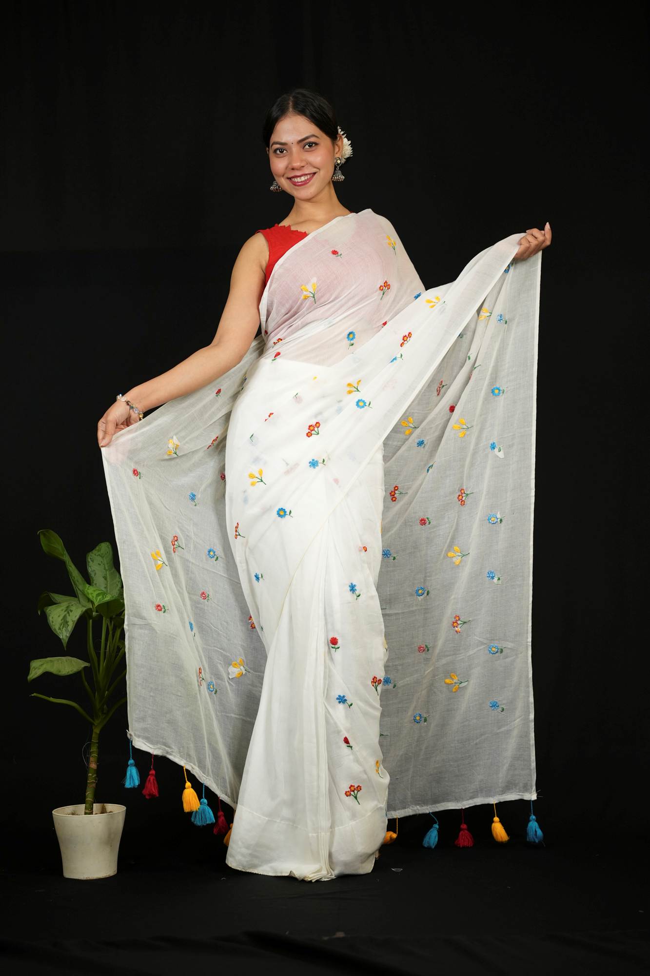 White Mulmul Cotton with Floral Embroidery & Tassels Ready To Wear Saree
