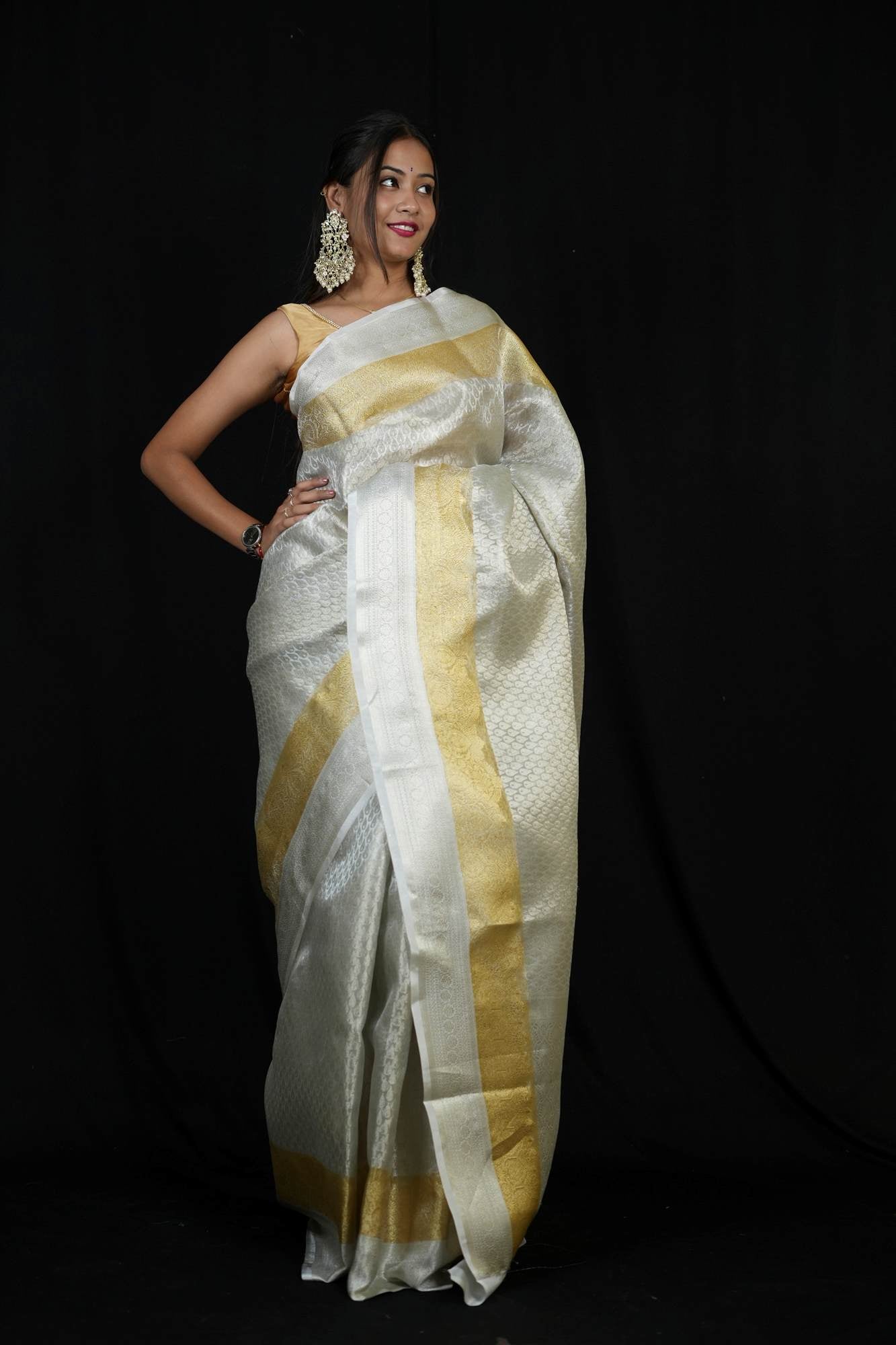 Silver Tissue Silk Banarasi Brocade Ready To Wear Saree