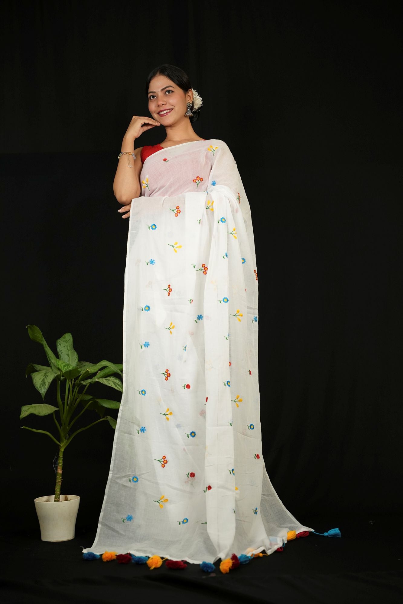 White Mulmul Cotton with Floral Embroidery & Tassels Ready To Wear Saree