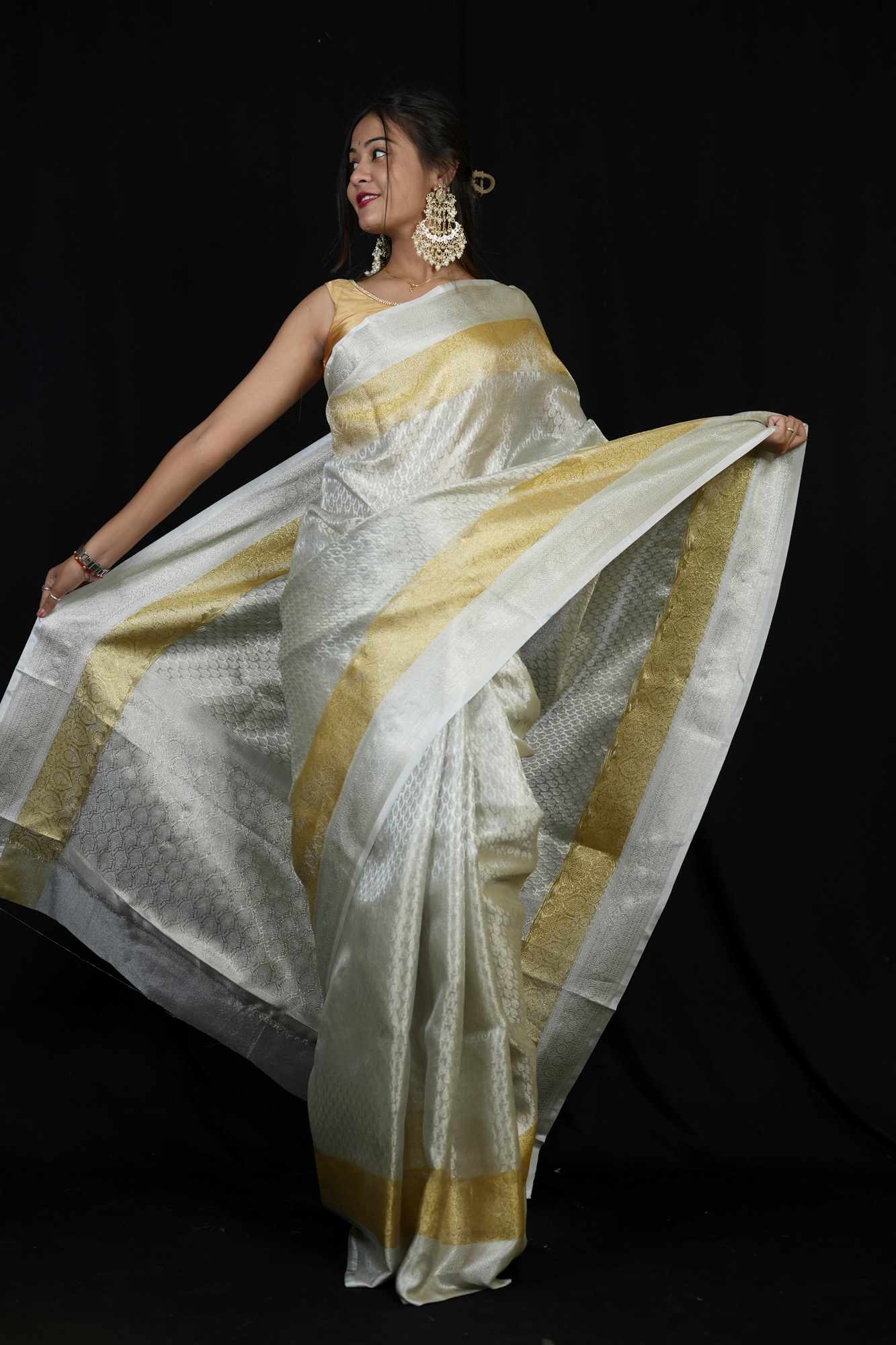 Silver Tissue Silk Banarasi Brocade Ready To Wear Saree