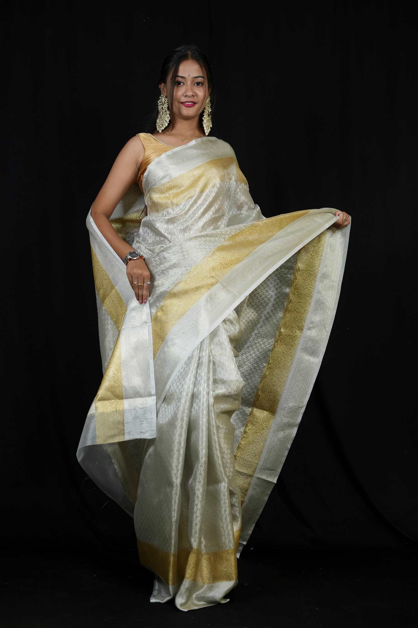 Silver Tissue Silk Banarasi Brocade Ready To Wear Saree