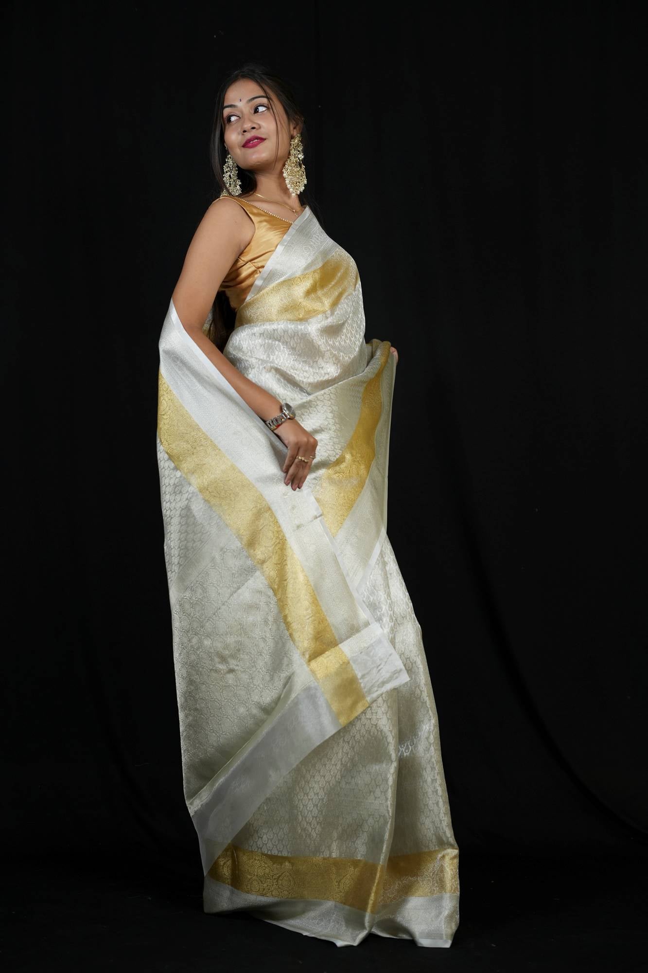 Silver Tissue Silk Banarasi Brocade Ready To Wear Saree