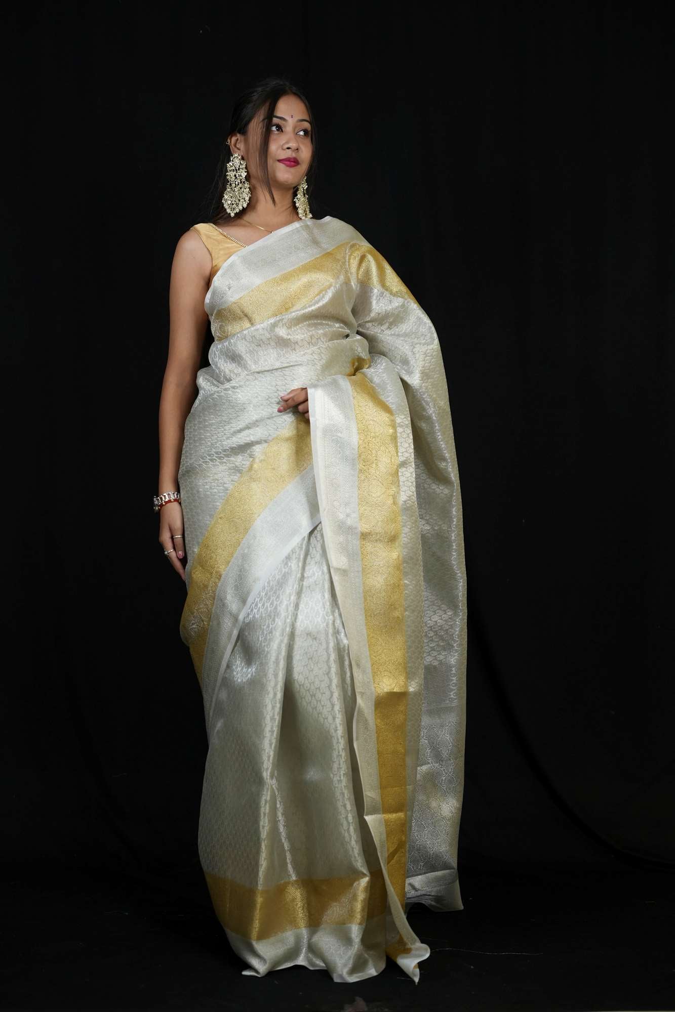 Silver Tissue Silk Banarasi Brocade Ready To Wear Saree
