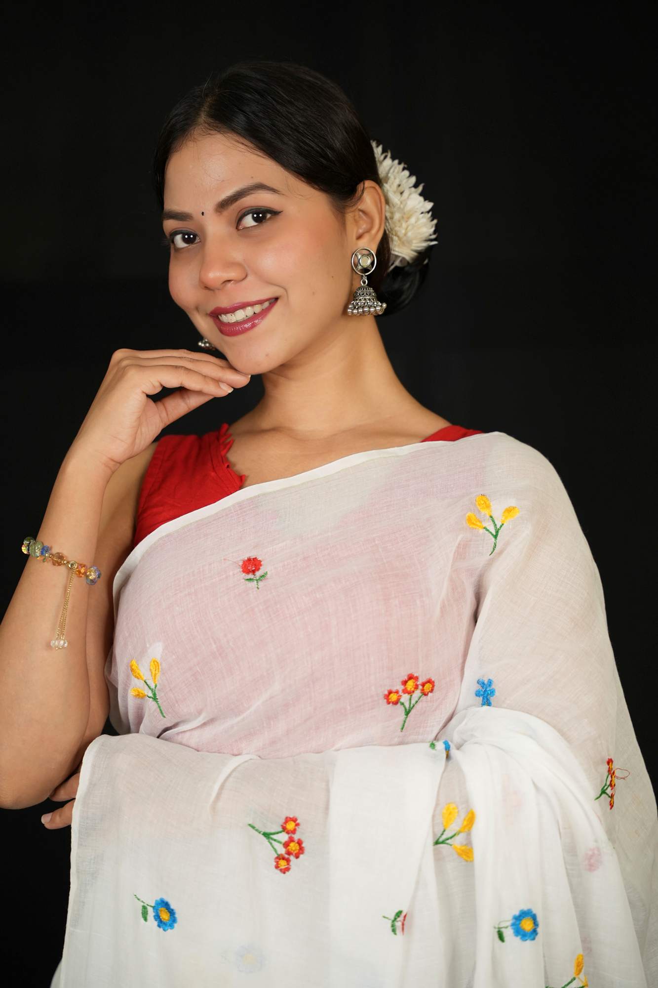 White Mulmul Cotton with Floral Embroidery & Tassels Ready To Wear Saree