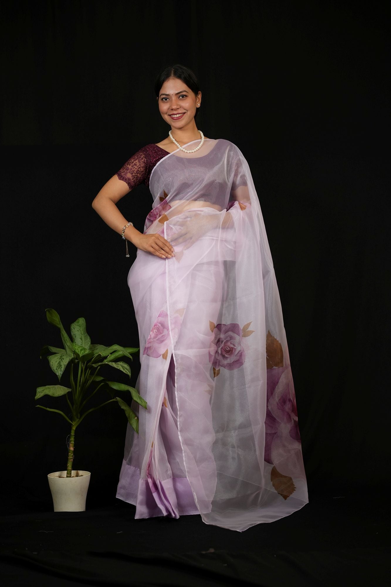 Beautiful Floral Hand Painted Organza Silk With Sequins Work In Scalloped Border Wrap In 1 Minute Saree