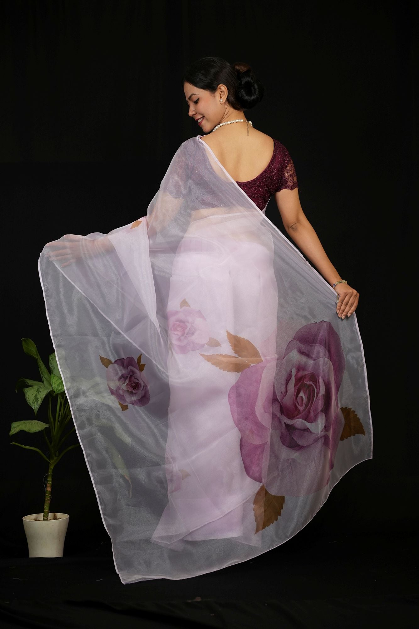 Beautiful Floral Hand Painted Organza Silk With Sequins Work In Scalloped Border Wrap In 1 Minute Saree