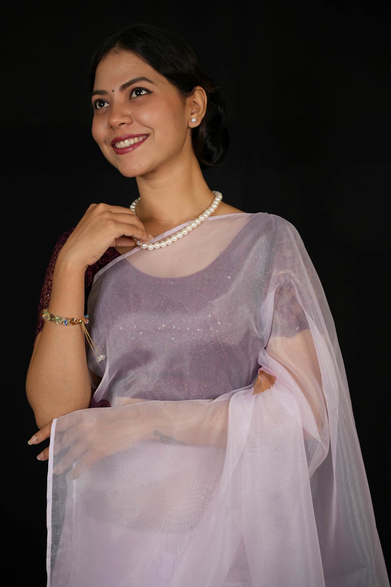Beautiful Floral Hand Painted Organza Silk With Sequins Work In Scalloped Border Wrap In 1 Minute Saree