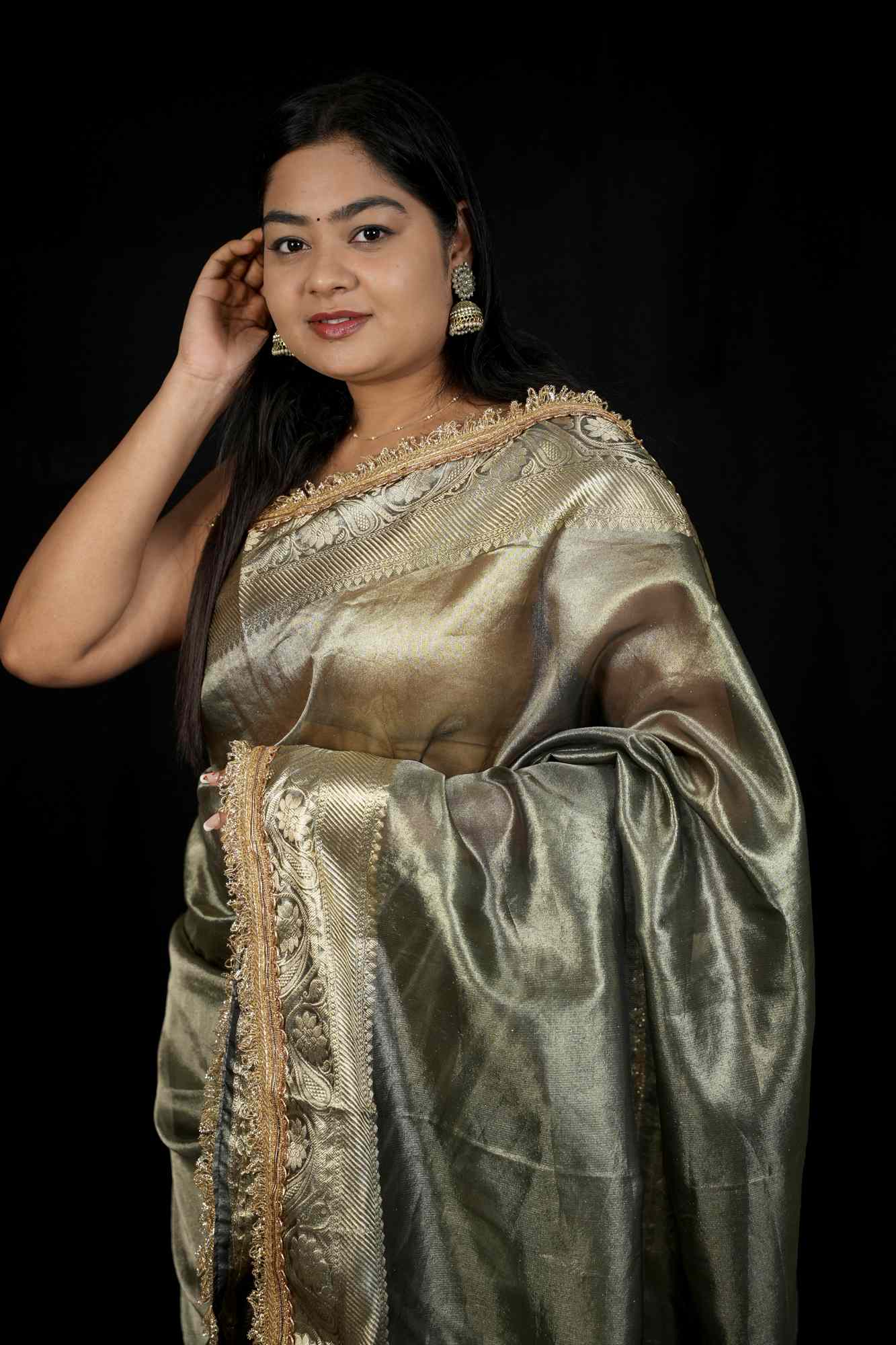 Silver Glamour Soft Tissue Silk with Luxe Zari & Sequin Lace Border Ready To Wear Saree