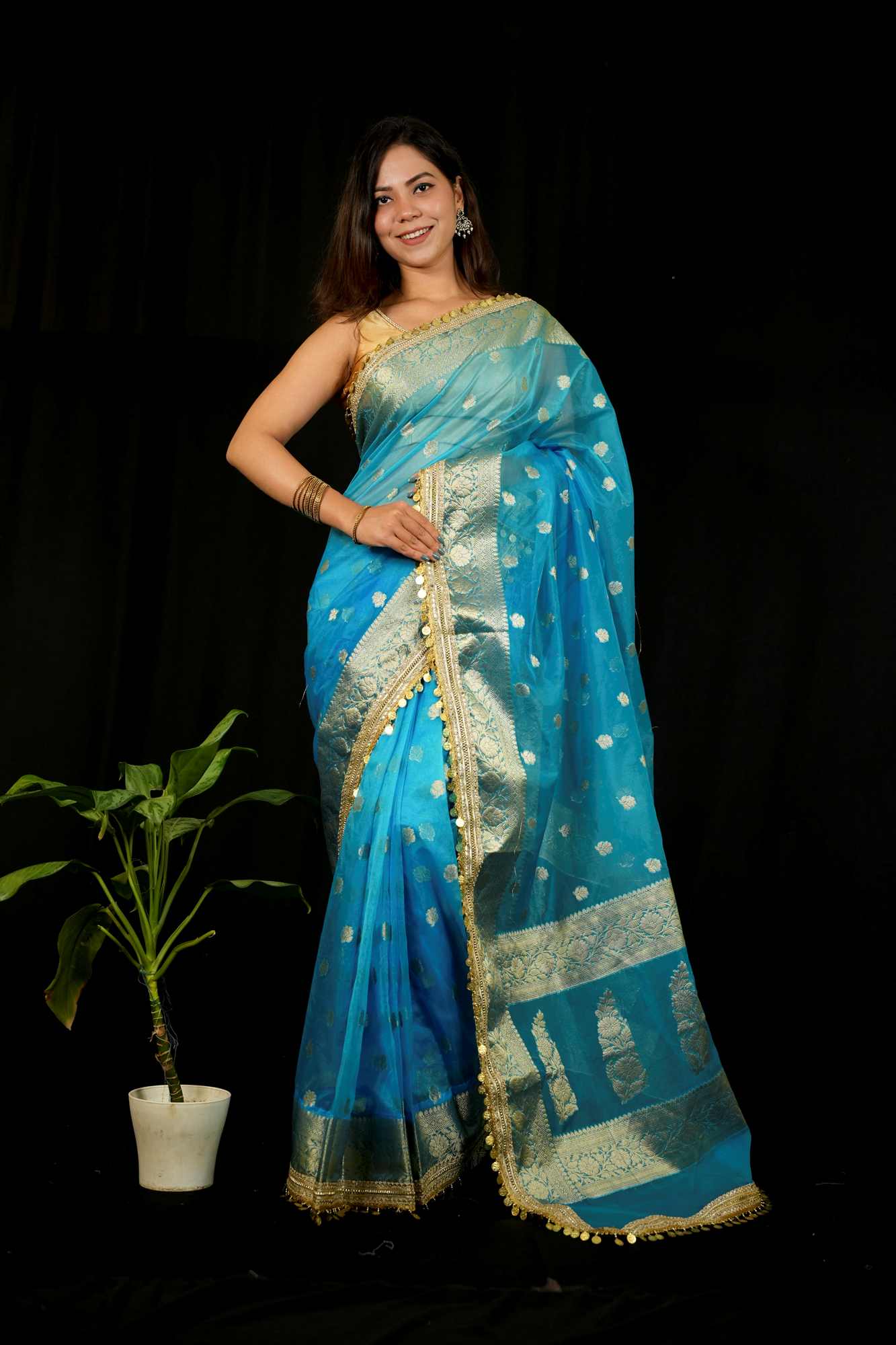 Maharani Tissue Silk With Golden Zari Border And Beautiful Tikki Lace Wrap In 1 Minutes Saree