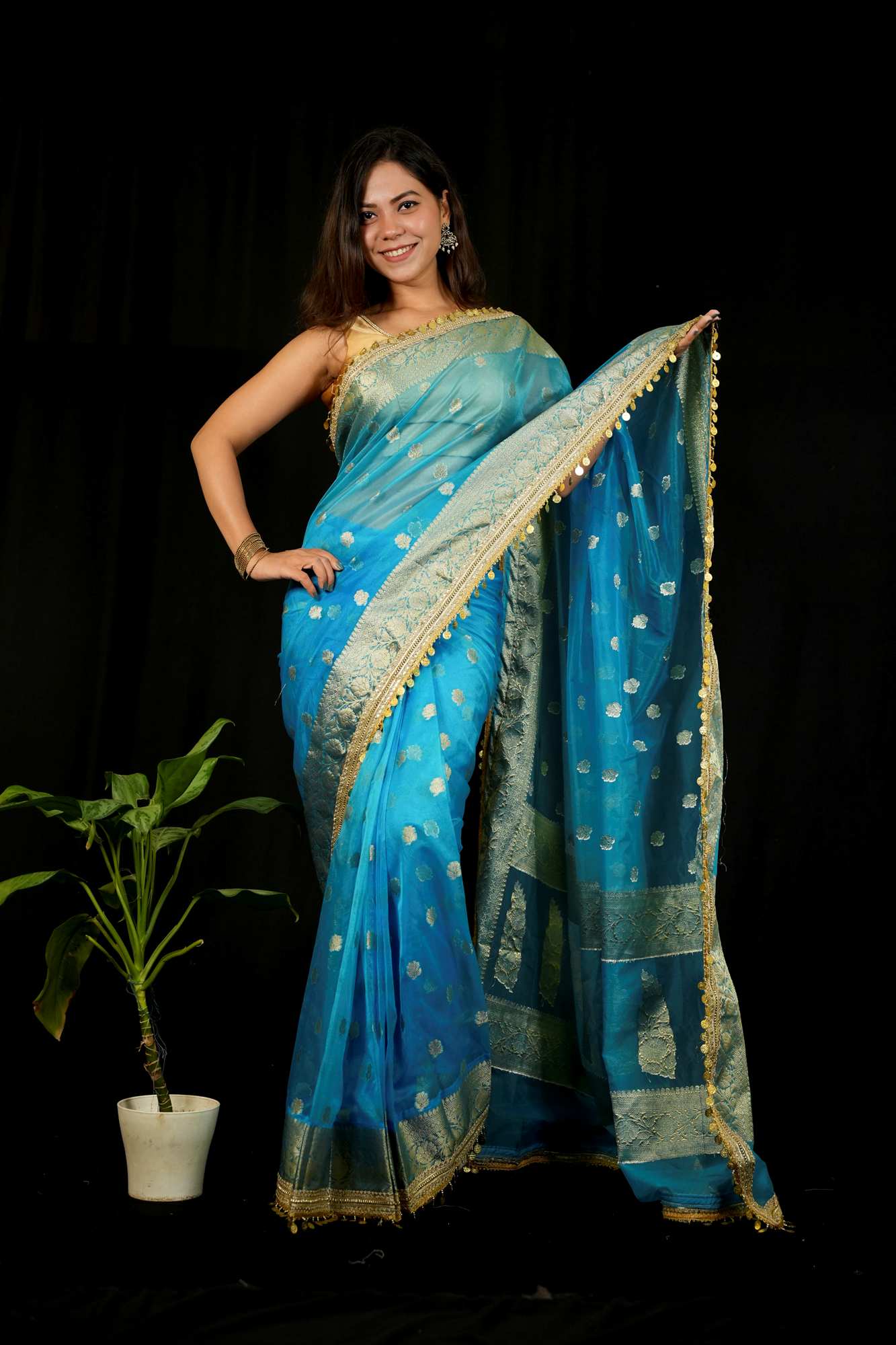 Maharani Tissue Silk With Golden Zari Border And Beautiful Tikki Lace Wrap In 1 Minutes Saree