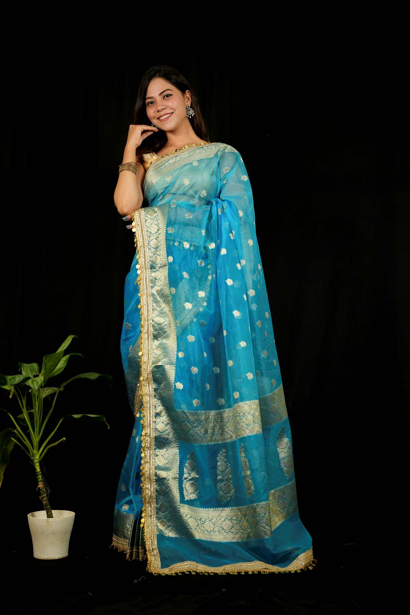 Maharani Tissue Silk With Golden Zari Border And Beautiful Tikki Lace Wrap In 1 Minutes Saree