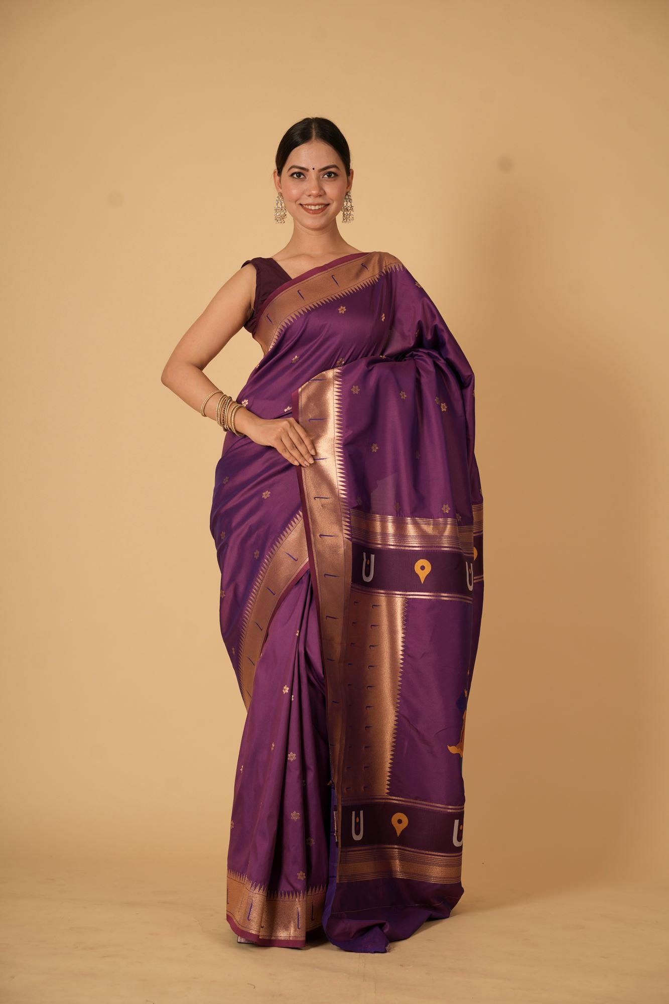 Purple Kanjivaram Inspired Silk with Traditional Temple Motifs Ready To Wear Saree