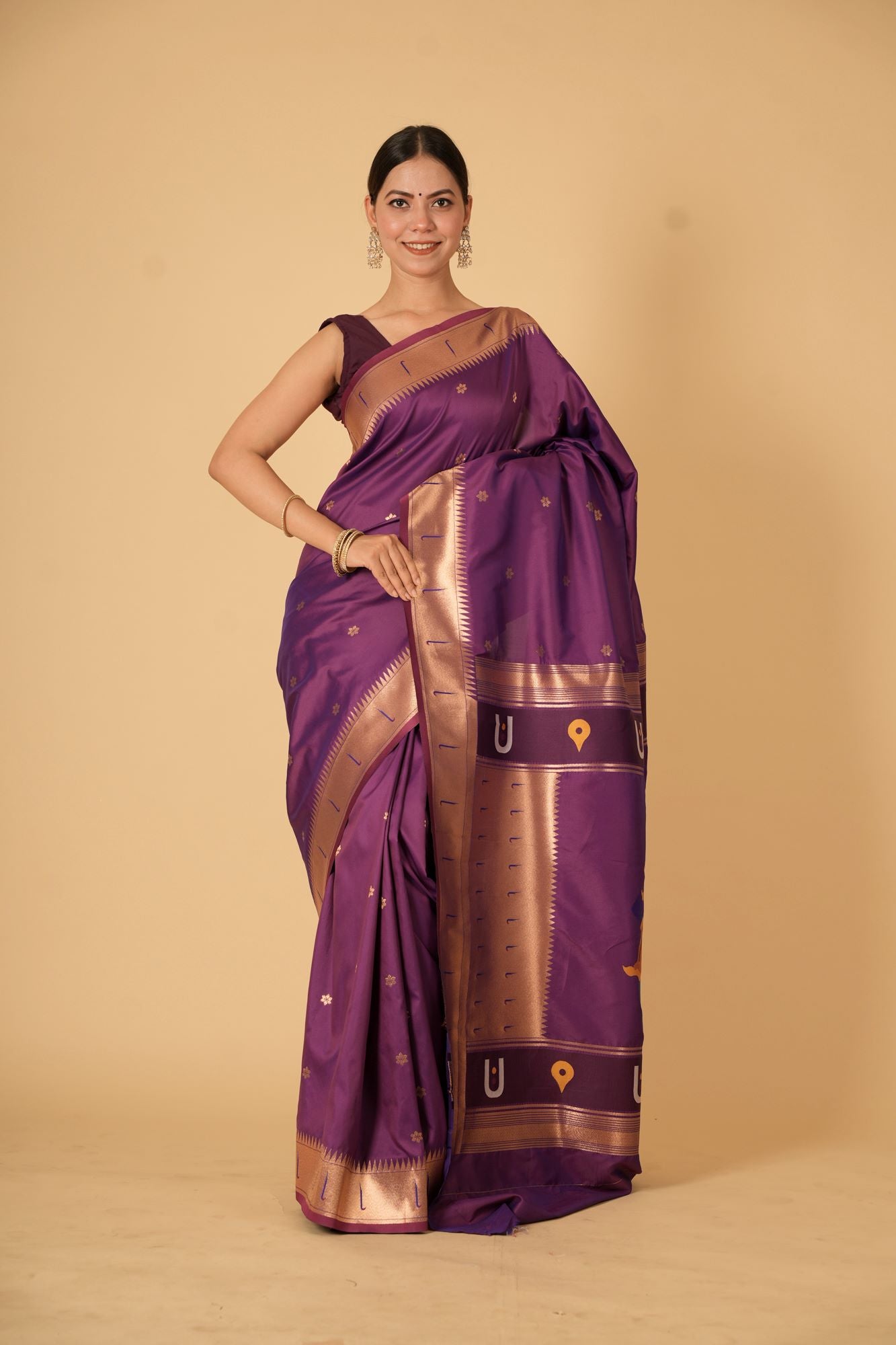 Purple Kanjivaram Inspired Silk with Traditional Temple Motifs Ready To Wear Saree