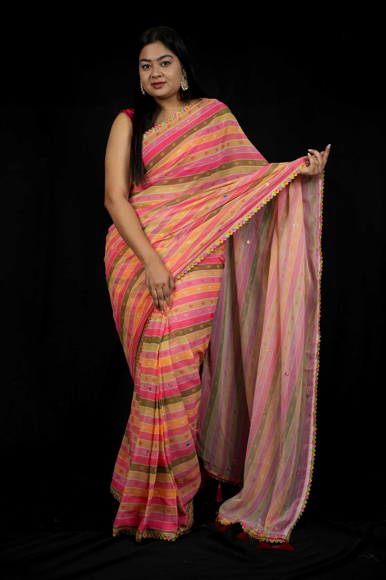 Multicolor Georgette Striped with Gota Patti Work & Tassel Ready To Wear Saree