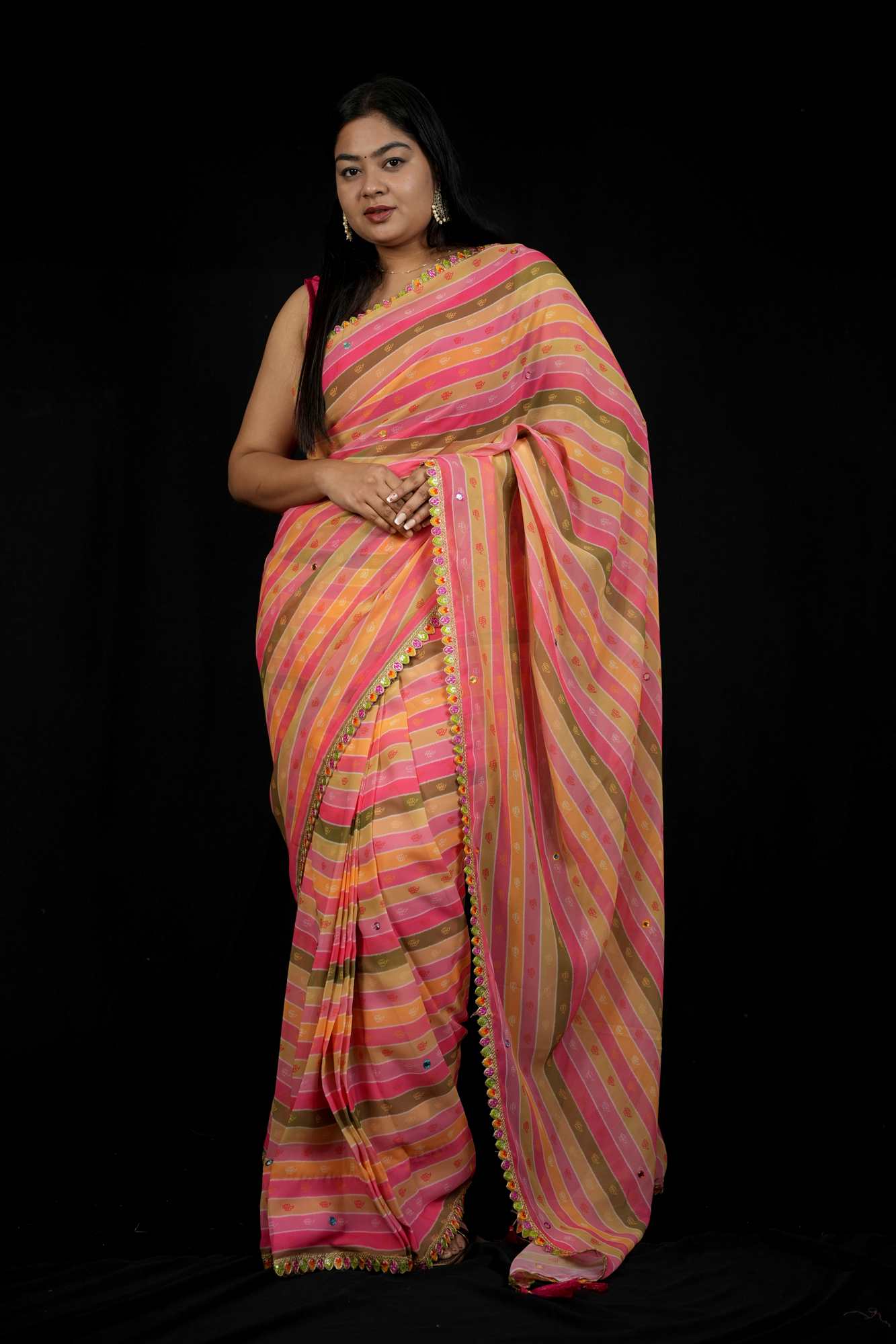 Multicolor Georgette Striped with Gota Patti Work & Tassel Ready To Wear Saree