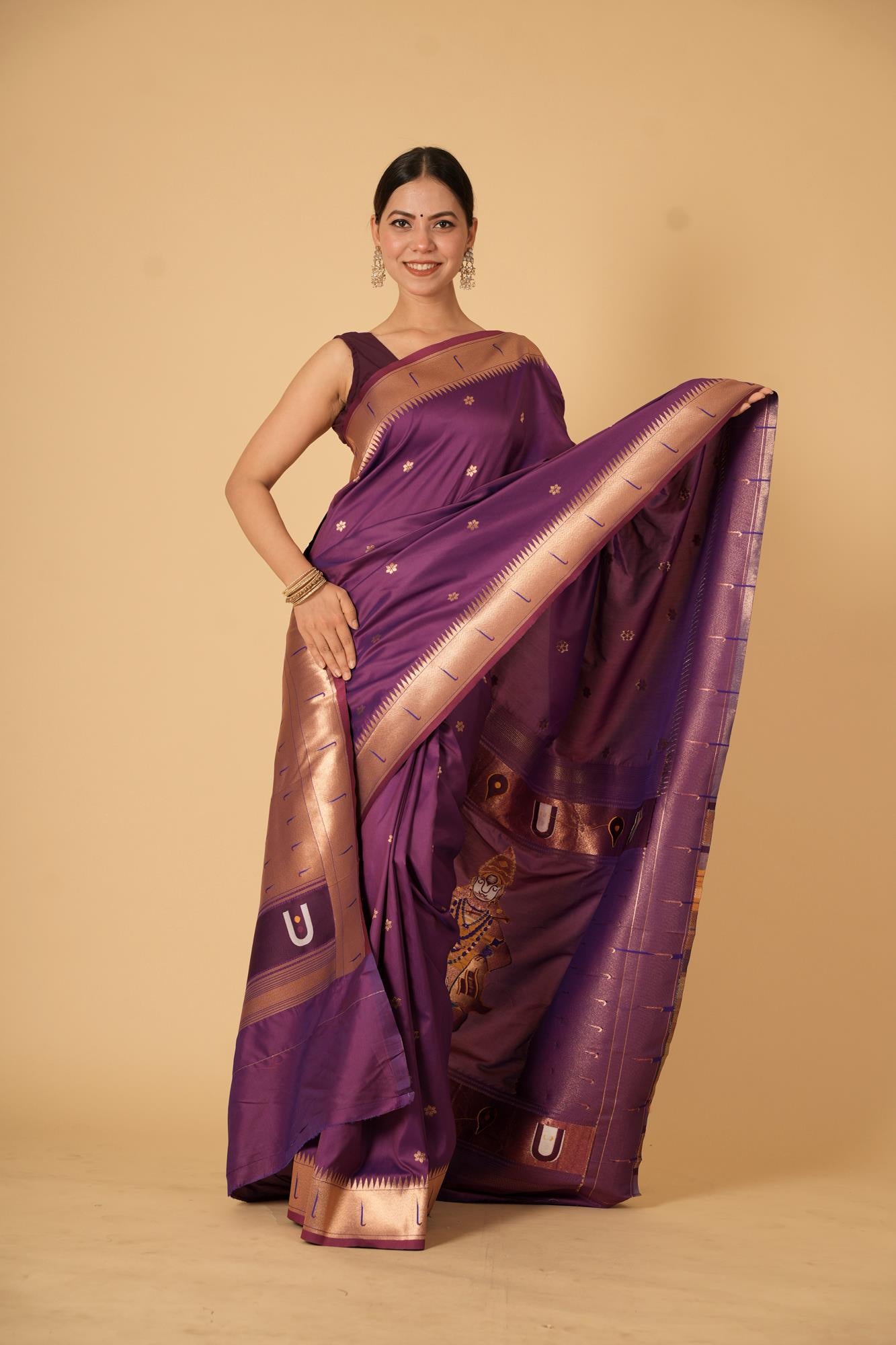 Purple Kanjivaram Inspired Silk with Traditional Temple Motifs Ready To Wear Saree
