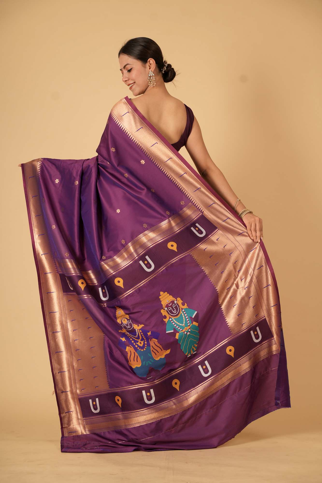 Purple Kanjivaram Inspired Silk with Traditional Temple Motifs Ready To Wear Saree