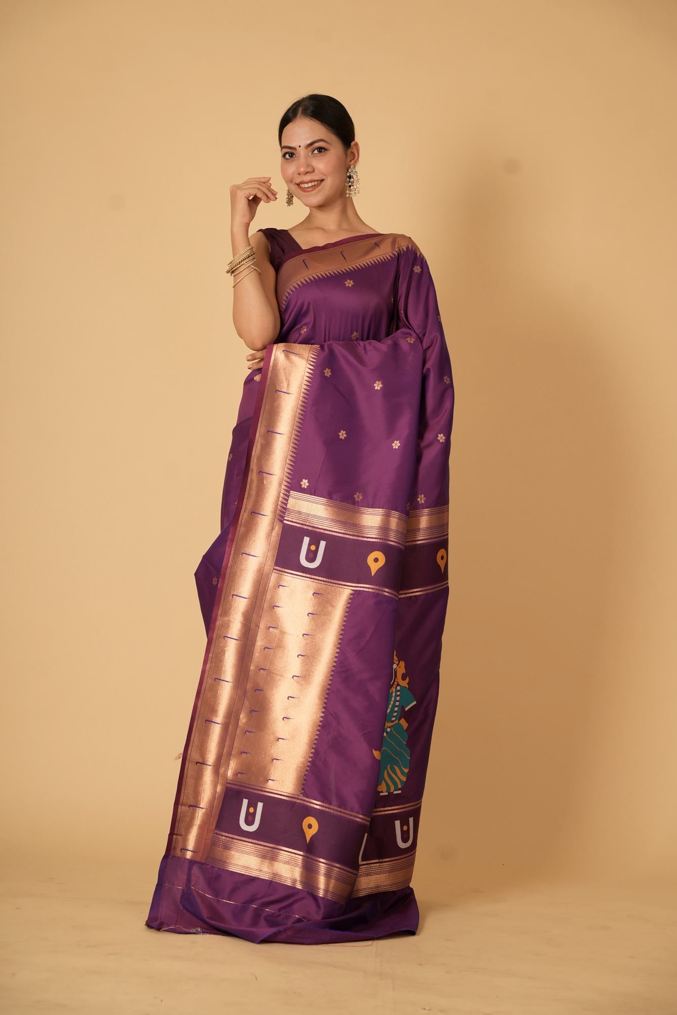 Purple Kanjivaram Inspired Silk with Traditional Temple Motifs Ready To Wear Saree