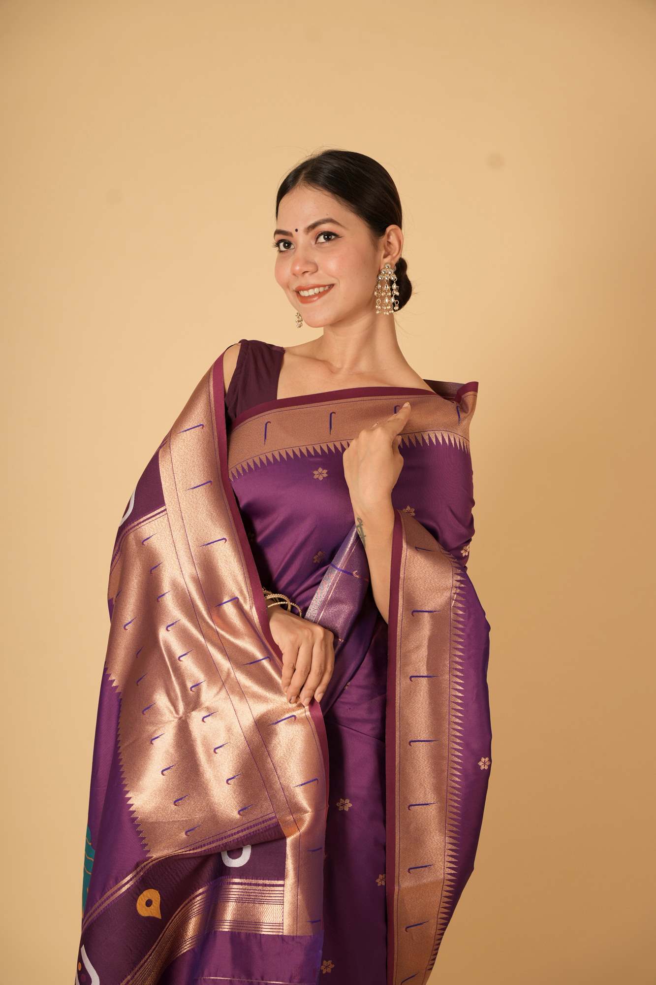 Purple Kanjivaram Inspired Silk with Traditional Temple Motifs Ready To Wear Saree