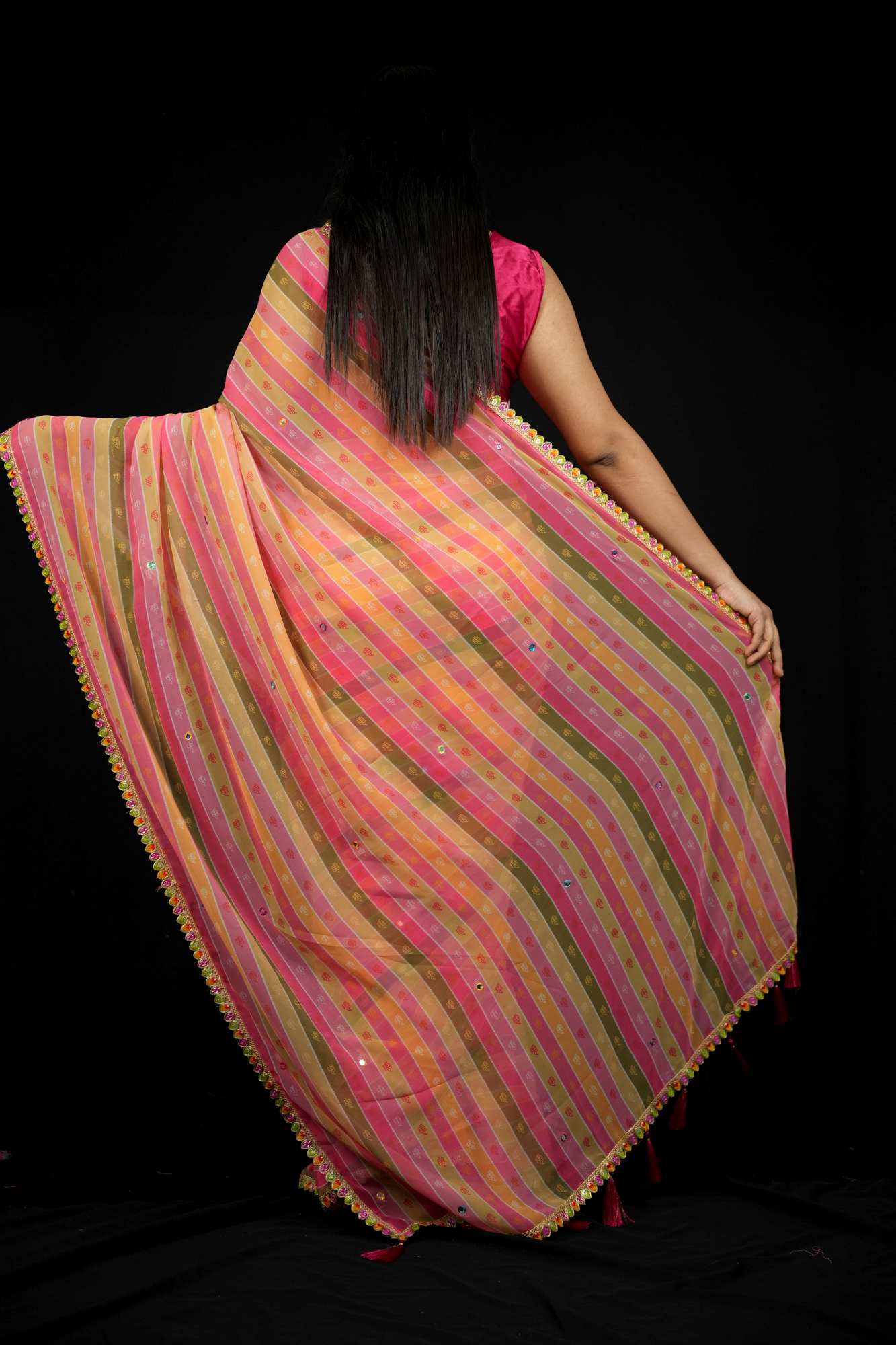 Multicolor Georgette Striped with Gota Patti Work & Tassel Ready To Wear Saree